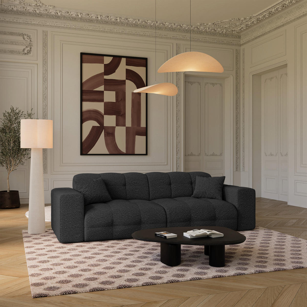 SOFA COCOON Bouclé-Stoff Dunkles Anthrazit 230cm - Dunkelgrau/Anthrazit, Textil (230/85/92cm) - Premium Interiors