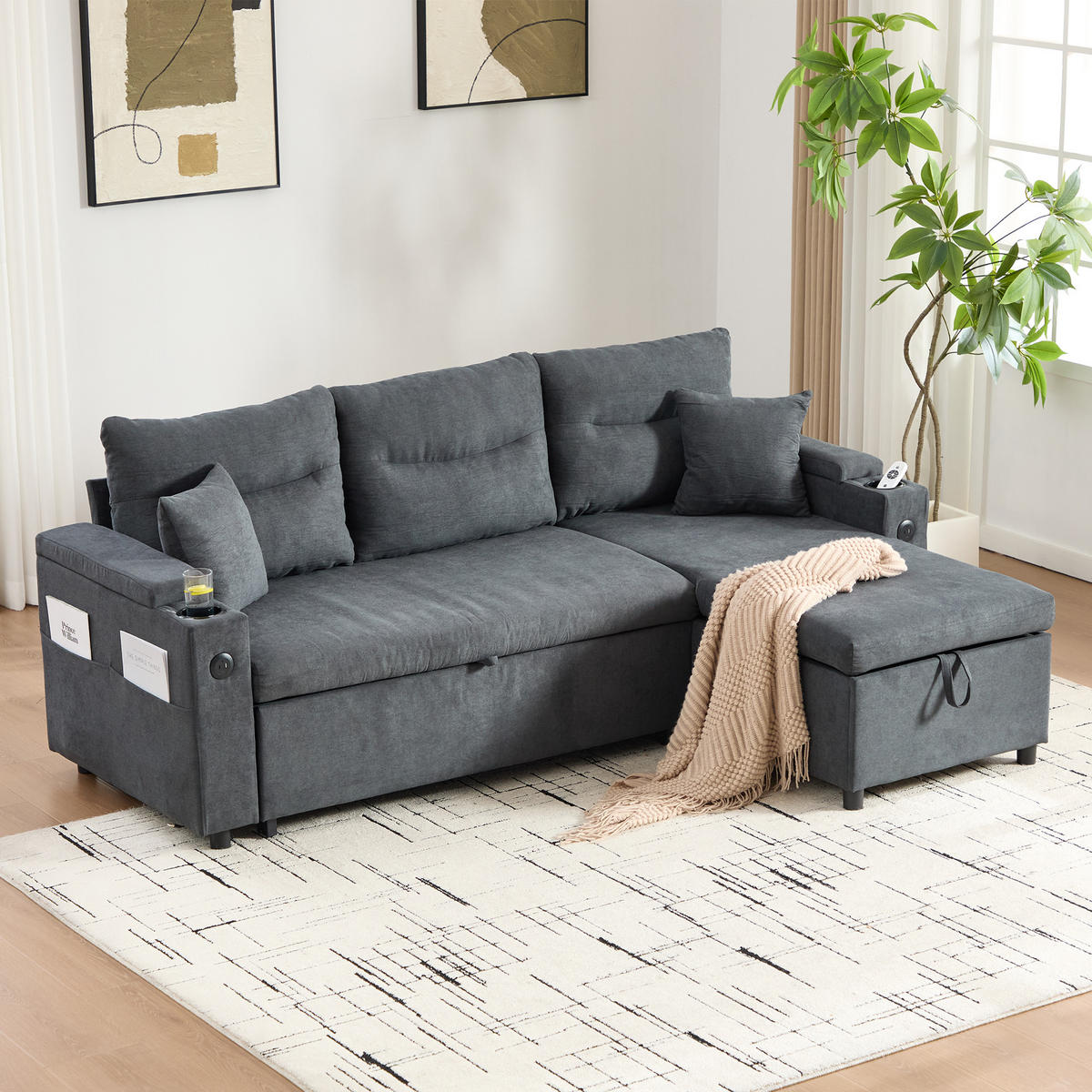 ECKSCHLAFSOFA 3-Sitzer Leinen mit USB-Anschluss und Stauraum Dunkelgrau 212,5/136/86 cm - Dunkelgrau, Textil (136/212.5cm) - Redom
