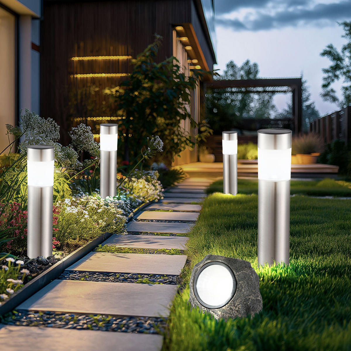 LED AUSSENLEUCHTE SOLAR 5er Set Verschiedene Designs - Silberfarben, Metall (6.5/6.5/38cm)