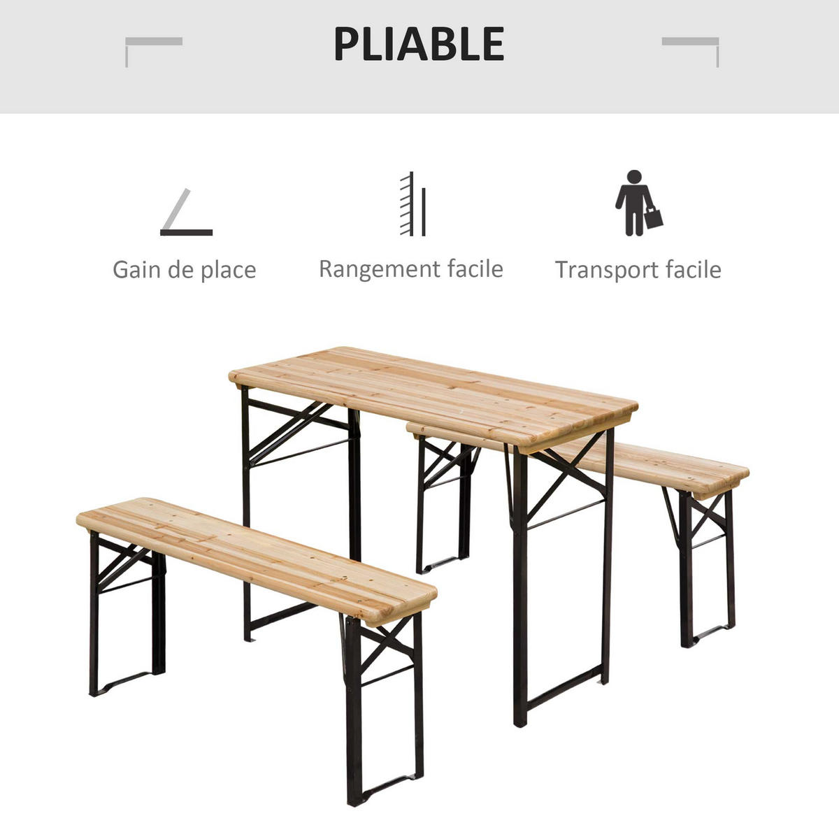 GARTENTISCH-SET DE-14074 klappbar, mit 2 Bänken Schwarz - Naturfarben, Holz - ComfortXL
