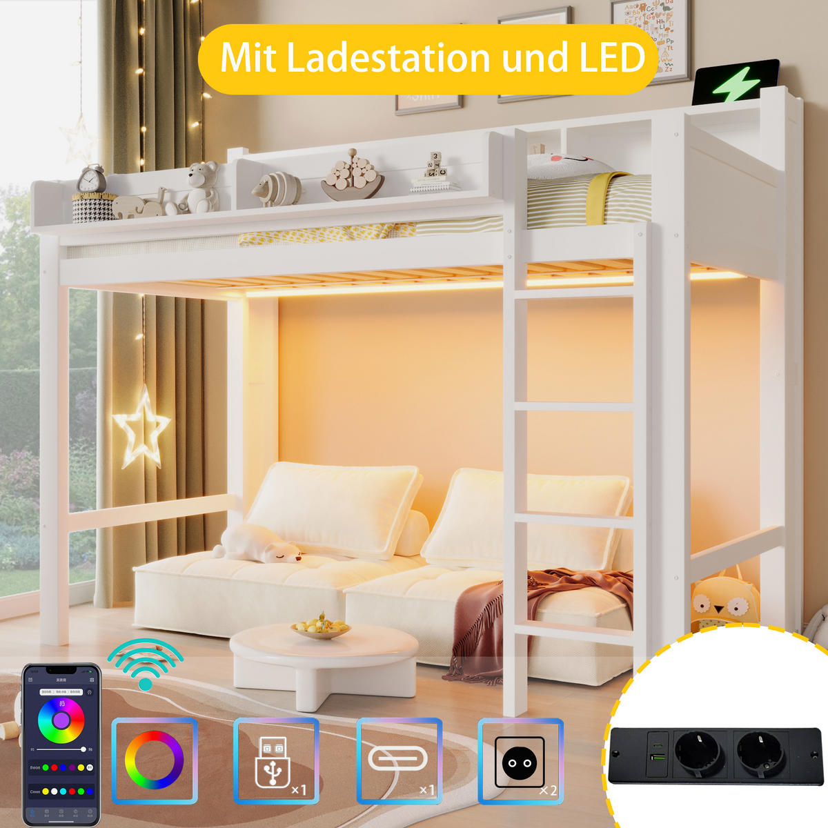 HOCHBETT 90/200 cm in Weiß mit 3 Schränken, LED und USB - Weiß, Holzwerkstoff (90/200cm) - STILVORA