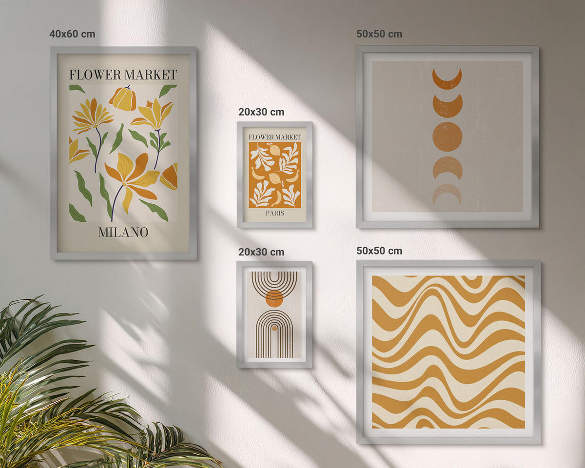 BILDER SET 5er Set - 50x50 cm & 20x30 cm & 40x60 cm Silberner Rahmen - Geometrische Pflanzenmuster - Silberfarben, Kunststoff (40/60cm) - TULUP