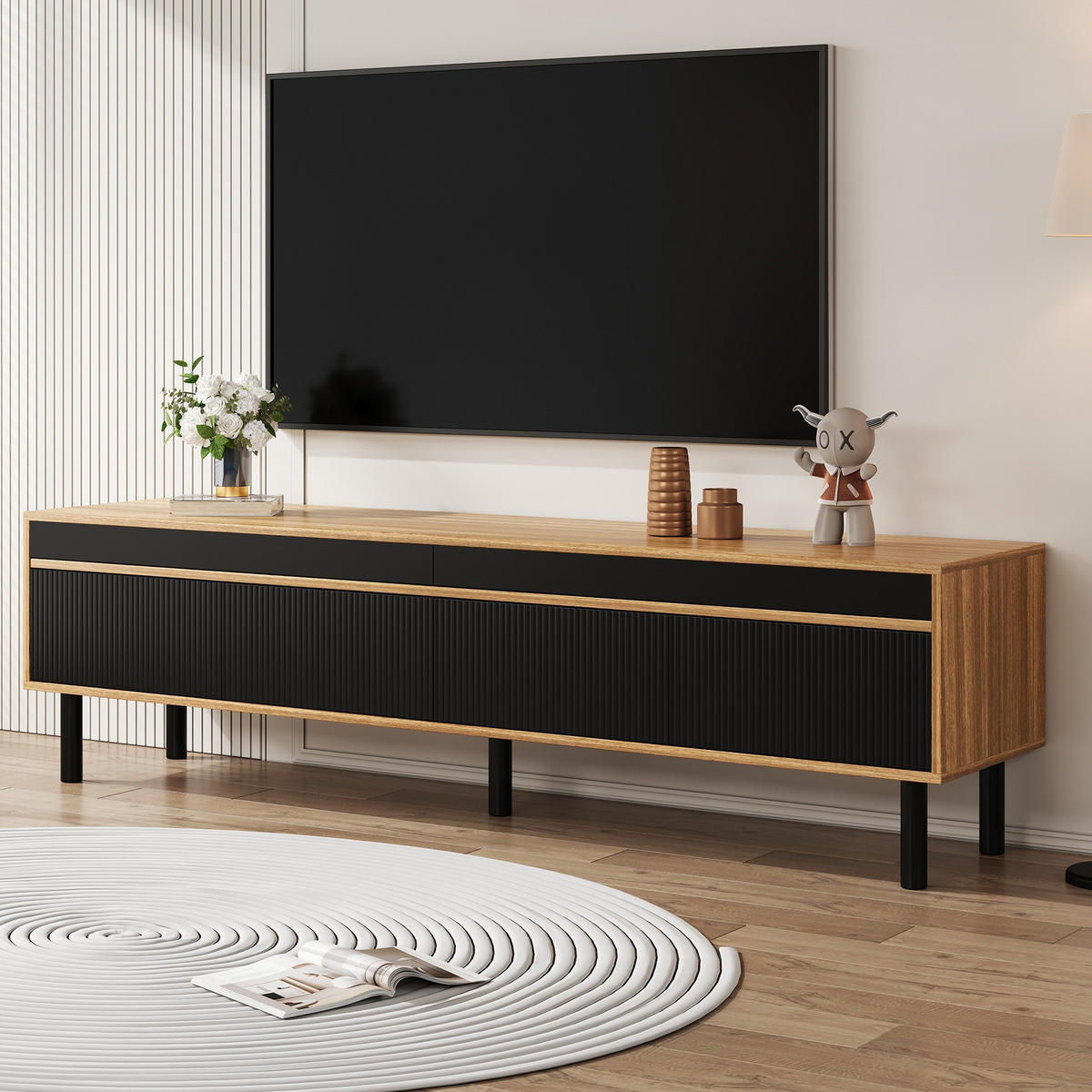 TV-SCHRANK aus E1 MDF und Spanplatte 170x38x47,7 cm Schwarz/Natur mit 4 Türen und Push-to-Open - Schwarz, Holzwerkstoff (170/47/38cm) - Modfu