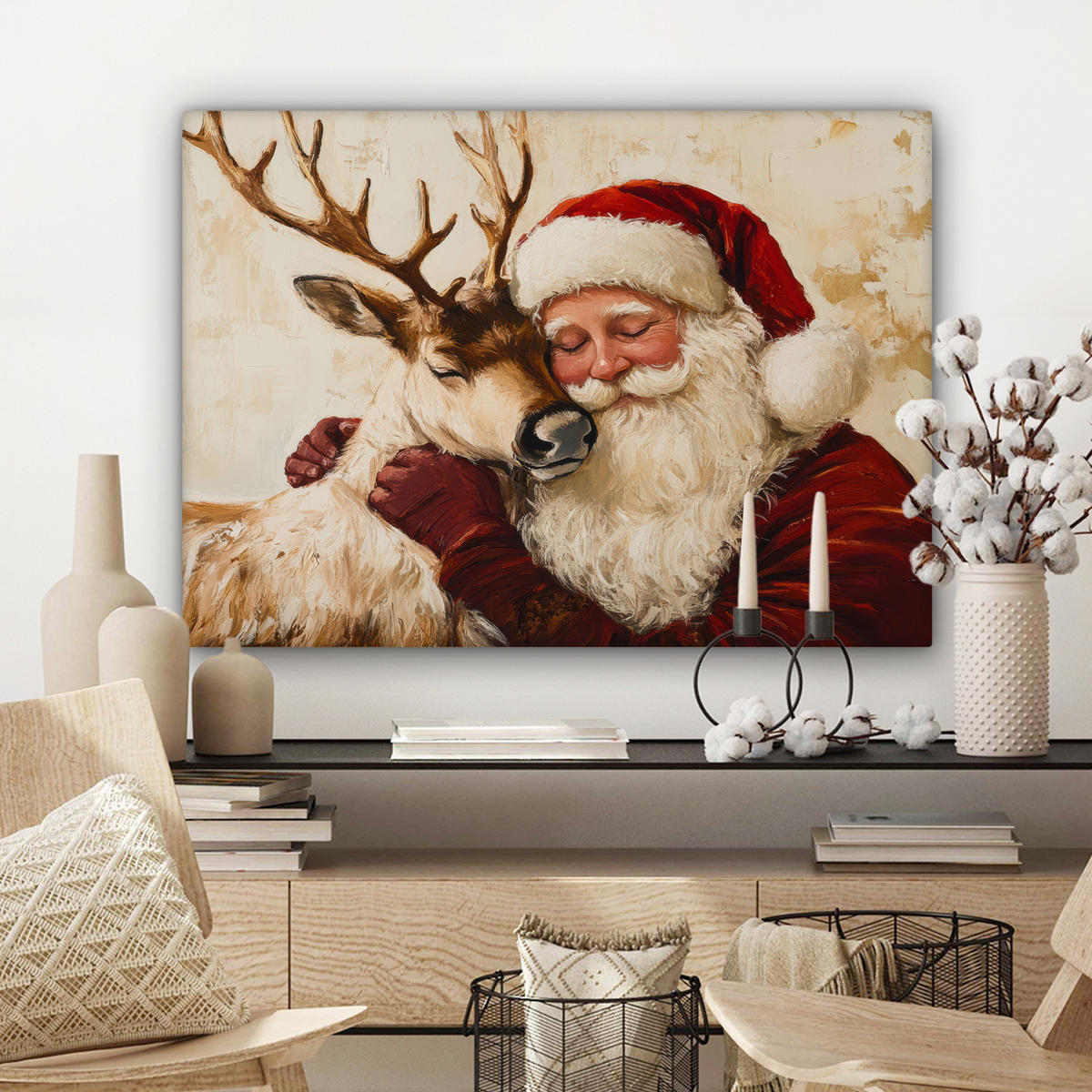 LEINWANDBILD Weihnachtsmann - Rentier - Weihnachten Wandbilder 80x60 cm - Rotbraun, Textil (80/60cm) - MuchoWow