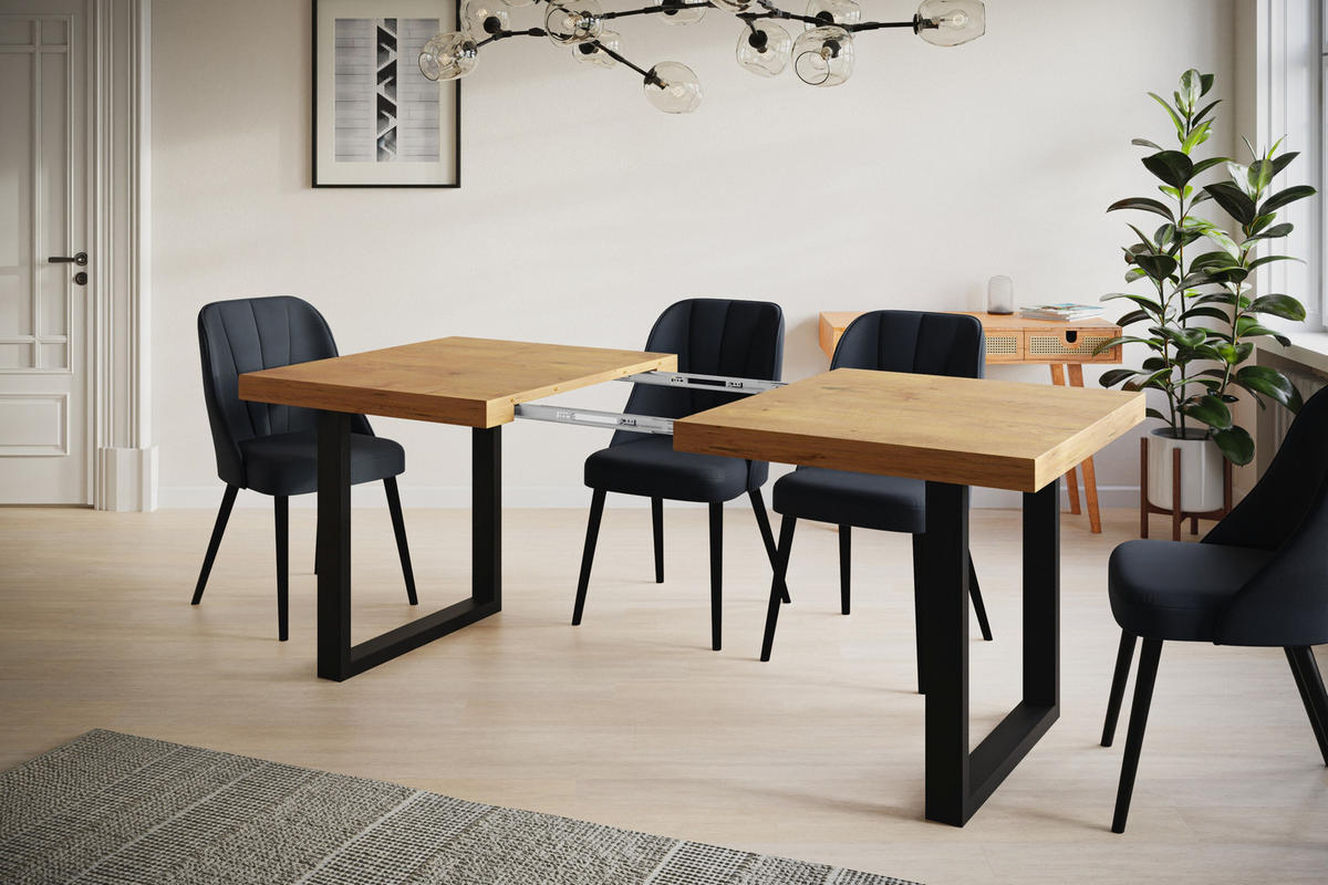 ESSZIMMERTISCH LOFT-U, ausziehbarer Tisch 120-220X80X77 cm, Farbe: LANCELOT, mit Metallbeinen in Farbe Schwarz - Beige/Schwarz, Holzwerkstoff (120/80/77cm) - Alpi-Möbel