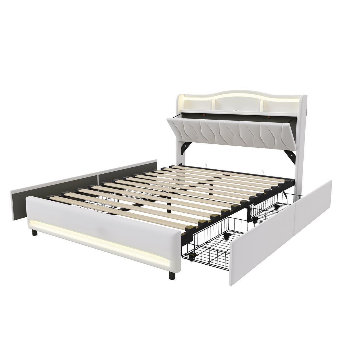 POLSTERBETT 140/200 cm mit Stauraumschubladen, Ablagekopfteil & Fußteil mit mehrfarbigem LED-Licht, USB-Anschluss, samtiger Velours-Bezug - Beige, Holz/Metall (140/200cm) - Joyfair