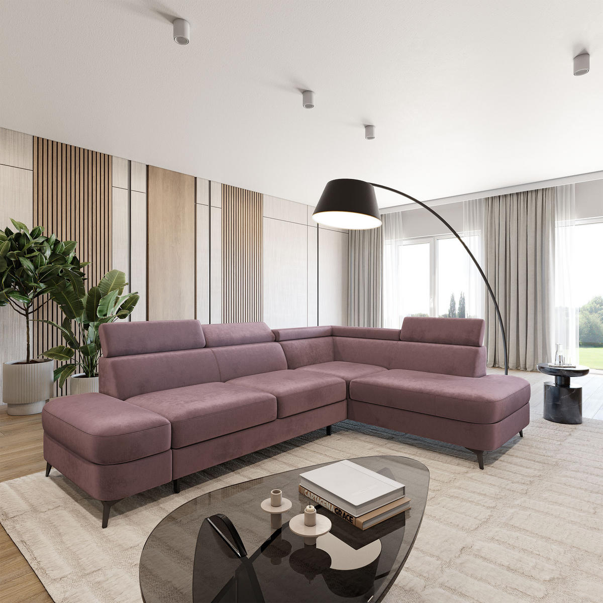 ECKSOFA AVISE M R-S Lila Velours-Stoff mit Schlaffunktion - Lila, Holzwerkstoff/Textil (268/195cm) - MASSENO