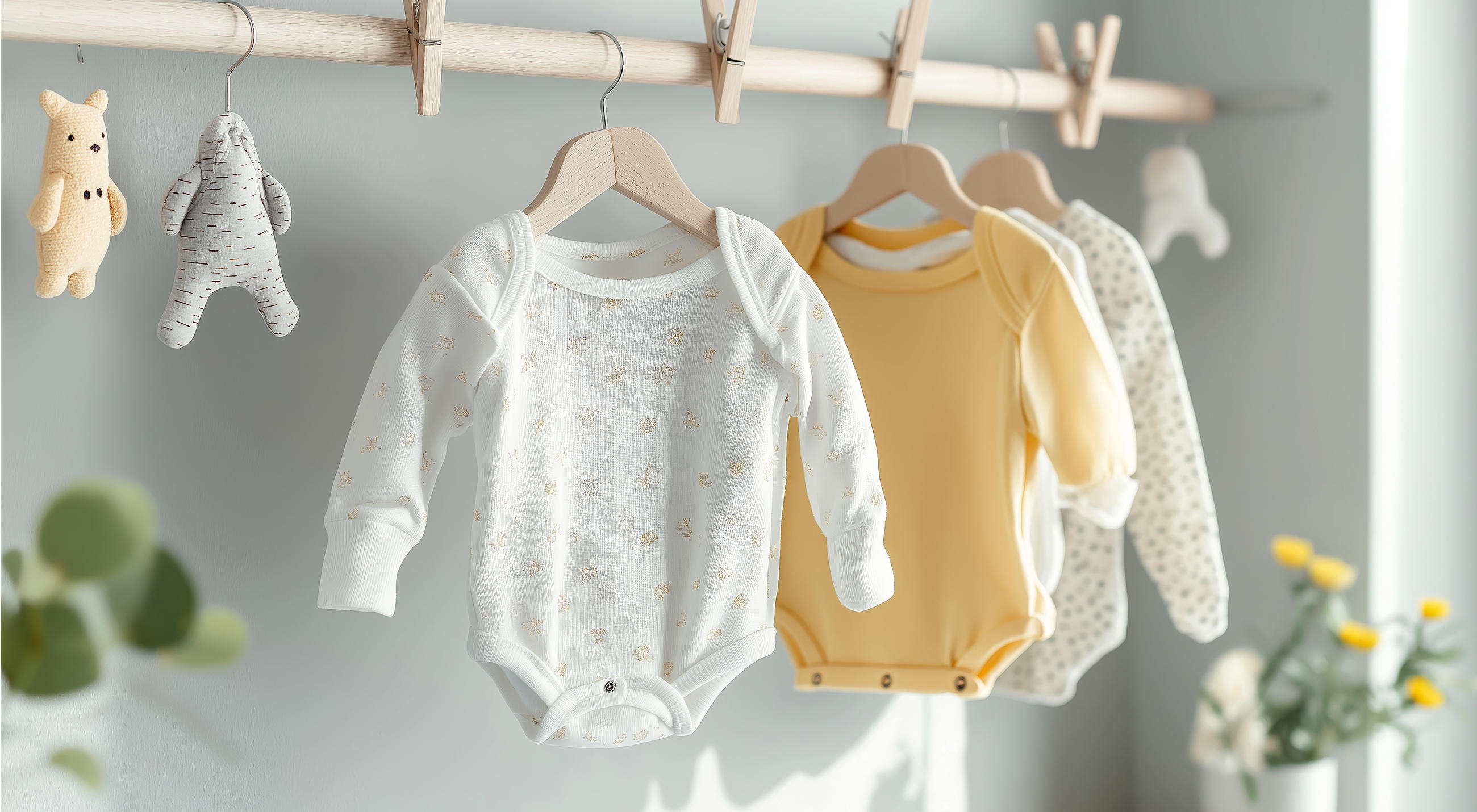 Mehrere Babybodys in verschiedenen Farben und Mustern sowie zwei Stofftiere hängen an einer Holzstange, im Hintergrund sind grüne Blätter und gelbe Blumen zu sehen