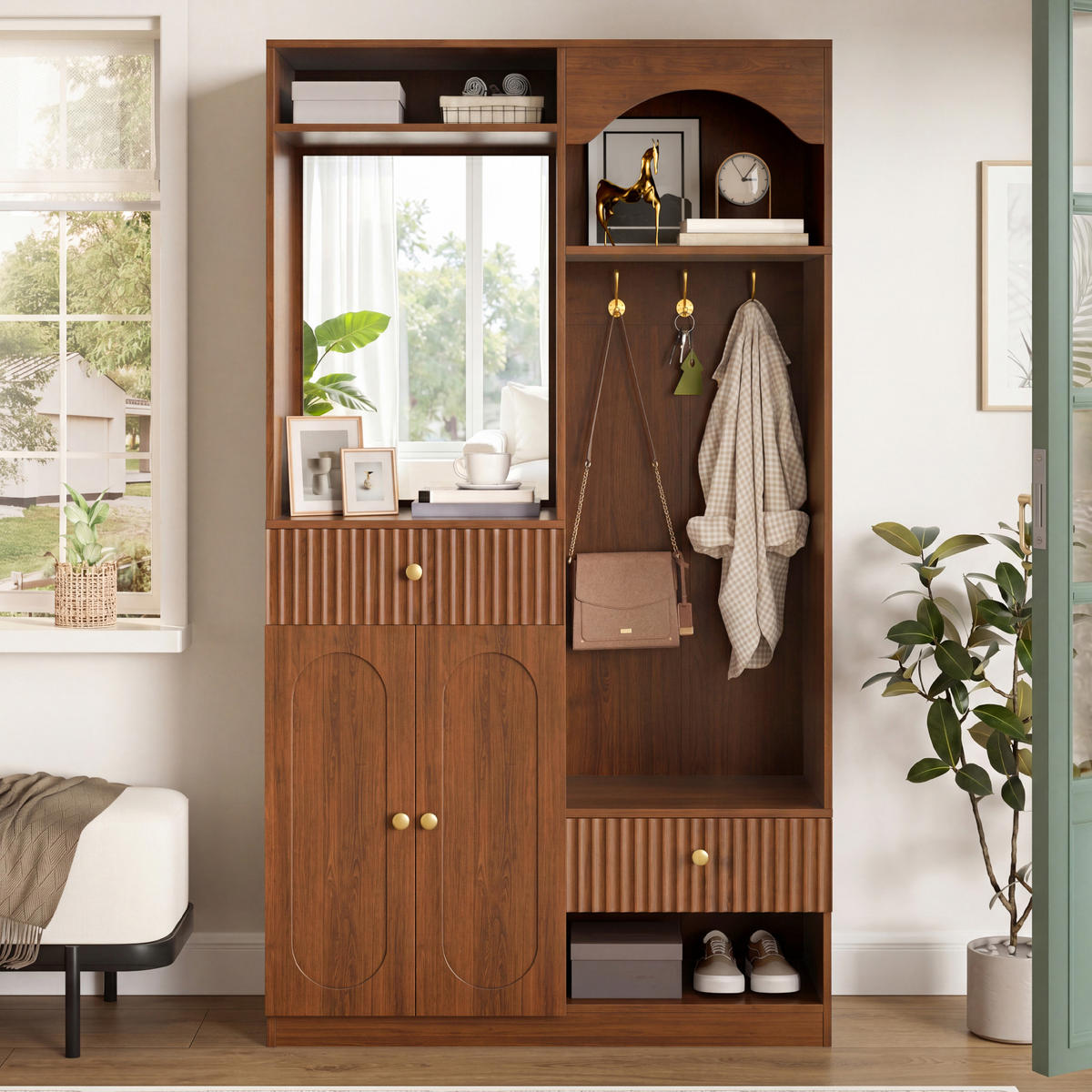 GARDEROBE 100cm Walnuss mit LED, Spiegel, Schuhschrank & Sitzbank - Walnussfarben, Holzwerkstoff (100/180/35cm) - Urban Meuble