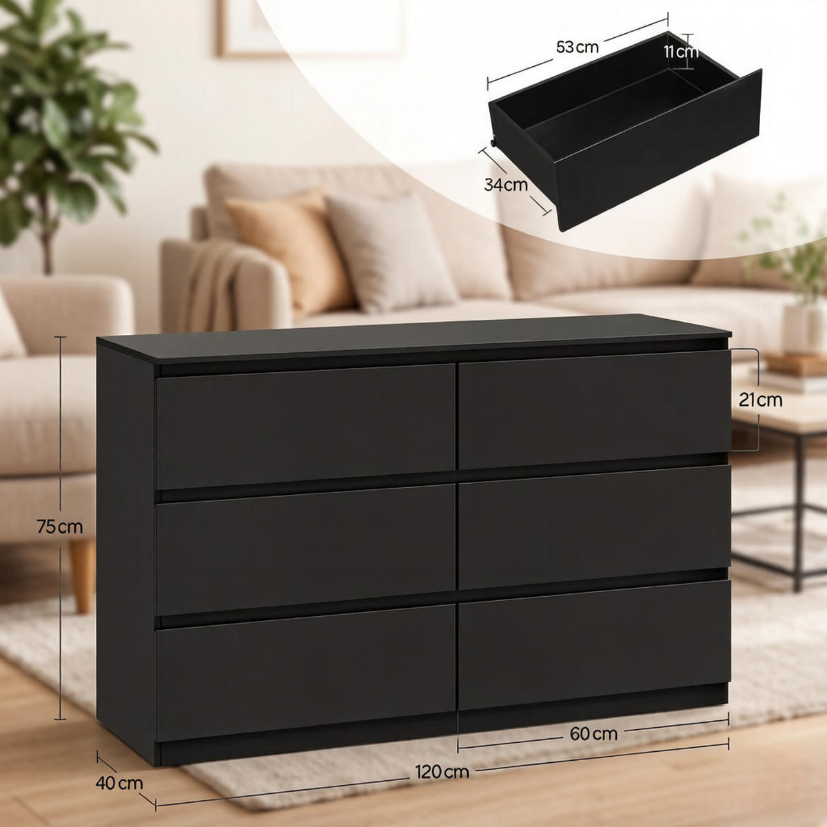 KOMMODE DE-38088 120/40/75 cm mit 6 Schubladen Schwarz - Schwarz, Holzwerkstoff (120/75/40cm) - ComfortXL