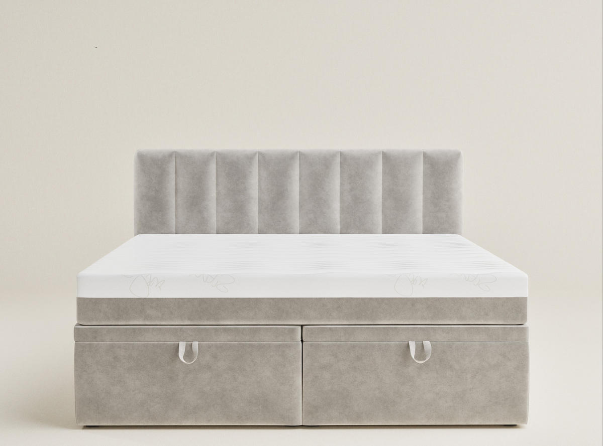 BOXBETT 200/200 cm Lovage S, in Beige, Matratze, gepolstertes Kopfteil, Bettkasten, H3 = fest - Beige/Schwarz, Holz/Holzwerkstoff (200/200cm) - Maison de Reve