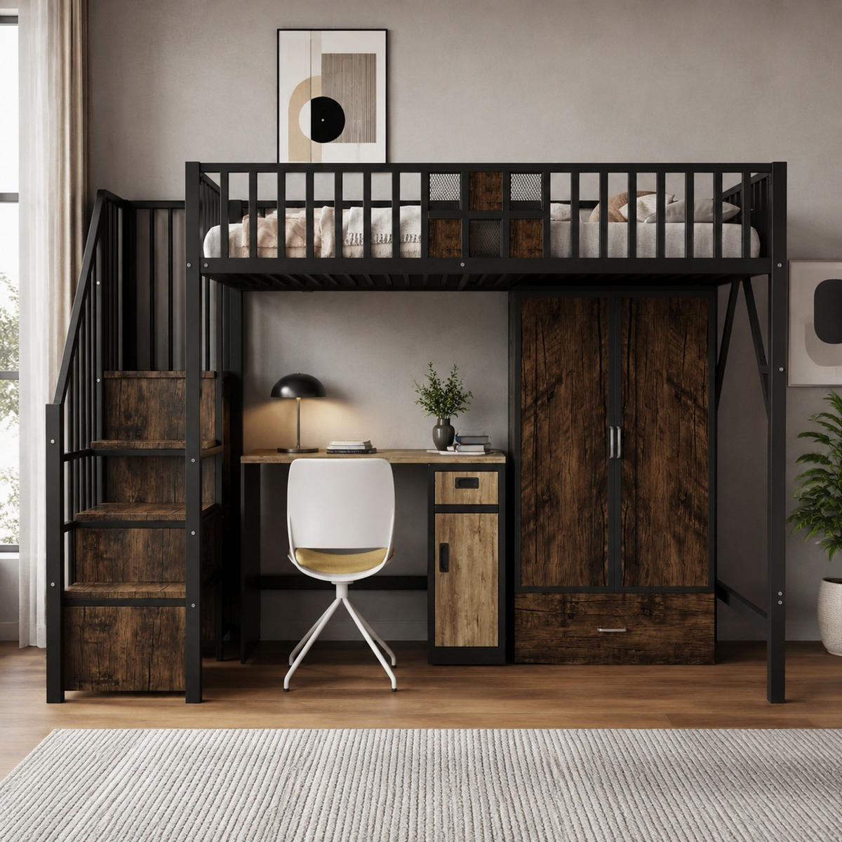 HOCHBETT 90/200 mit Kleiderschrank, Schubladen und Aufbewahrungsleiter in Schwarz - Schwarz, Holz/Metall (90/200cm) - EVRYAE