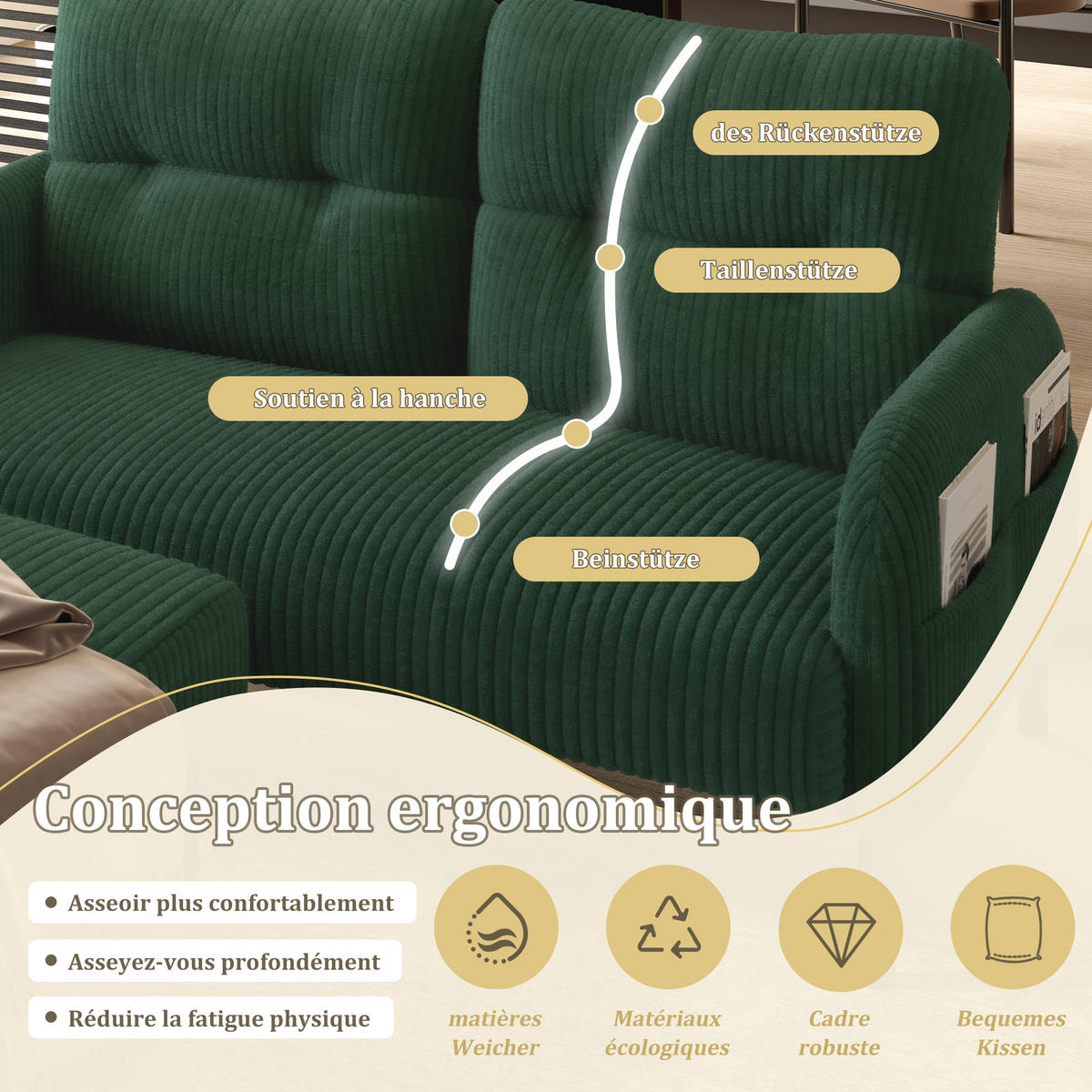2-SITZER SOFA Cord Emerald mit Seitentasche - Grün, Textil/Metall (120/79/75cm) - WISHDOR