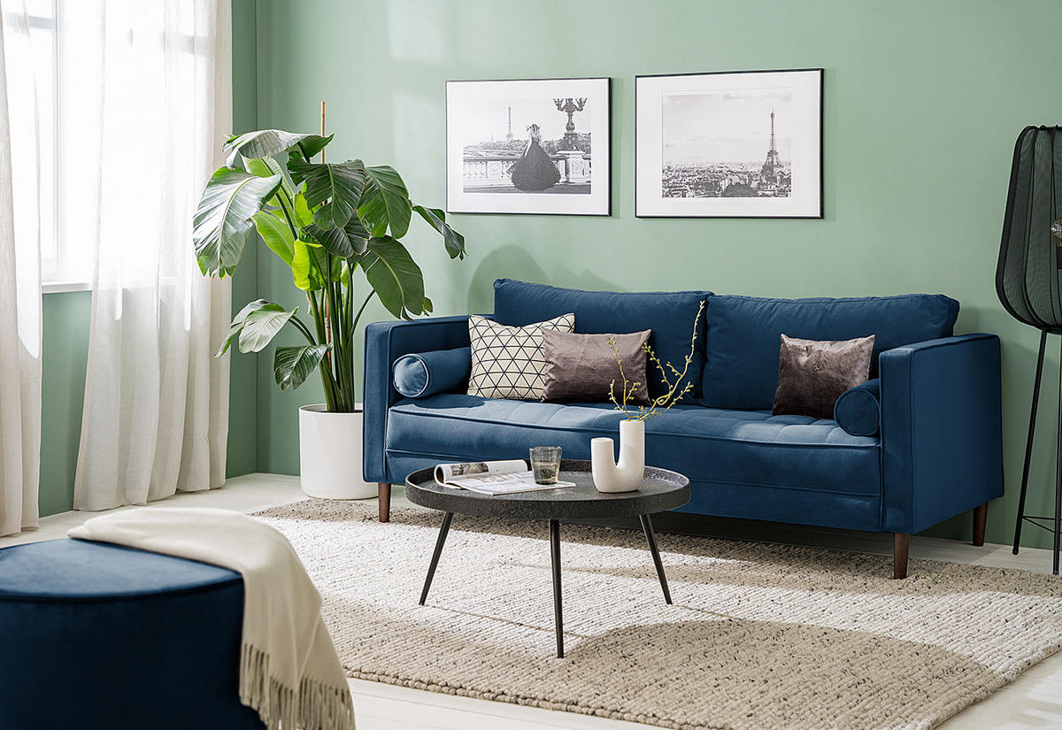 3-SITZER SOFA - Samt - Dunkelblau, Textil (191/80/86cm) - home24