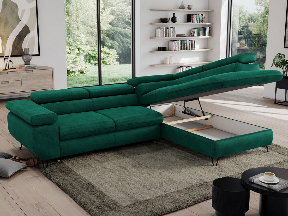 ECKSOFA PEDRO L Dunkelgrün Velvet - Rechts Seite - Dunkelgrün/Schwarz, Textil/Metall (273/208cm) - MKS