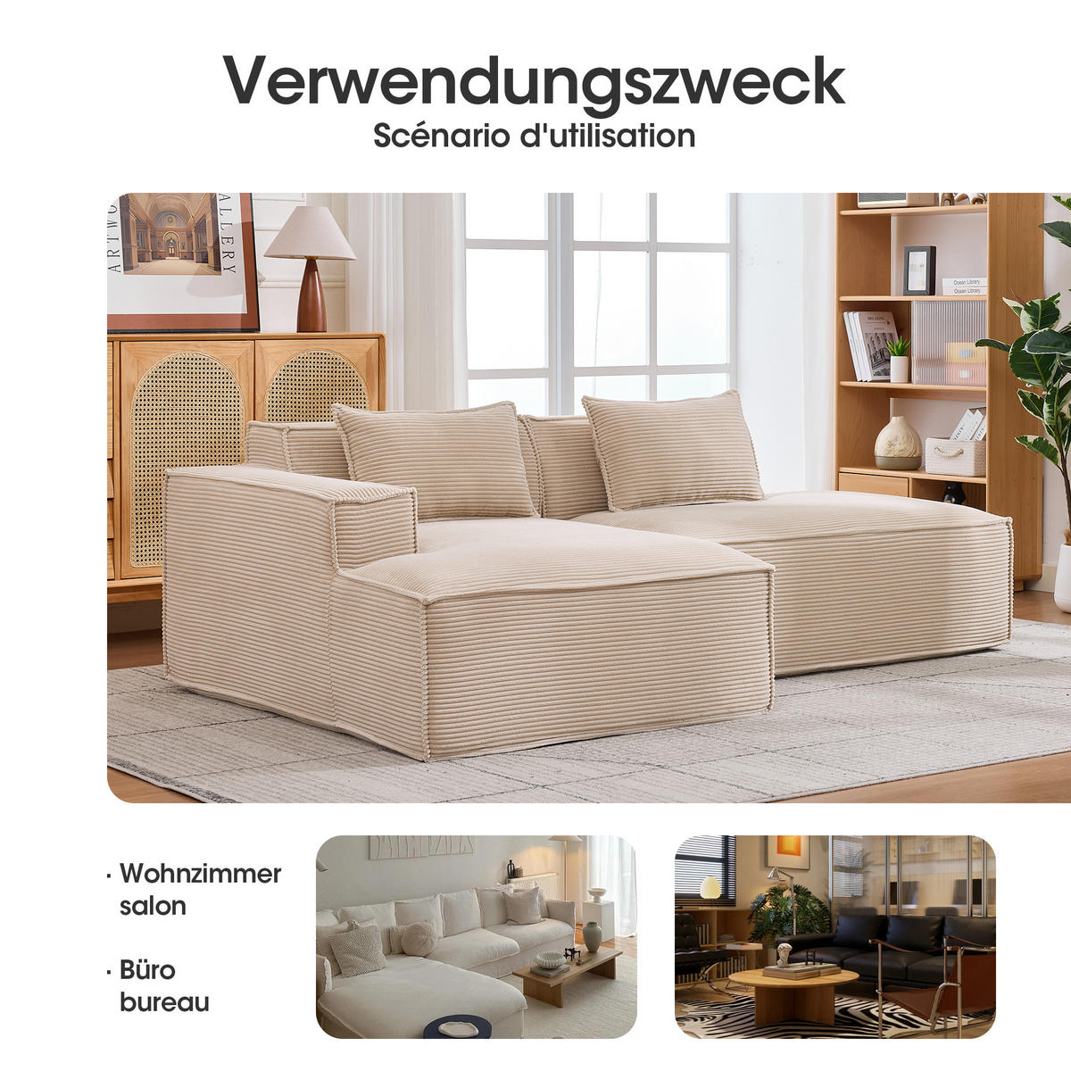 ECKSOFA polyester L-form mit taschenfederkern & 2 kissen - Hellgelb, Textil (235/129cm) - Urban Meuble