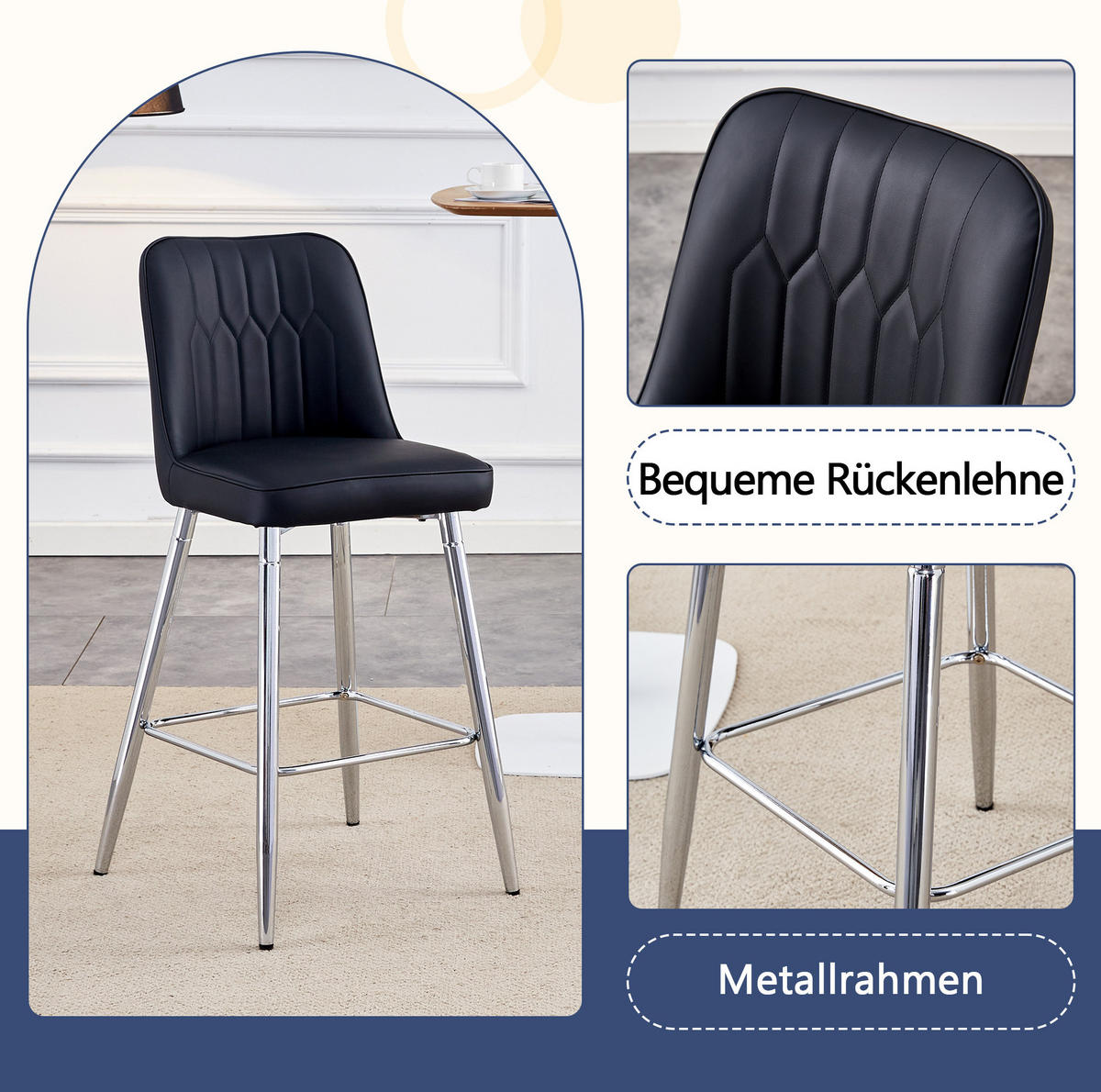 BARHOCKER-SET 2-teilig 100 cm Schwarz mit Rückenlehne und Fußraste - Schwarz, Metall (45/100/42cm) - MIVRAY