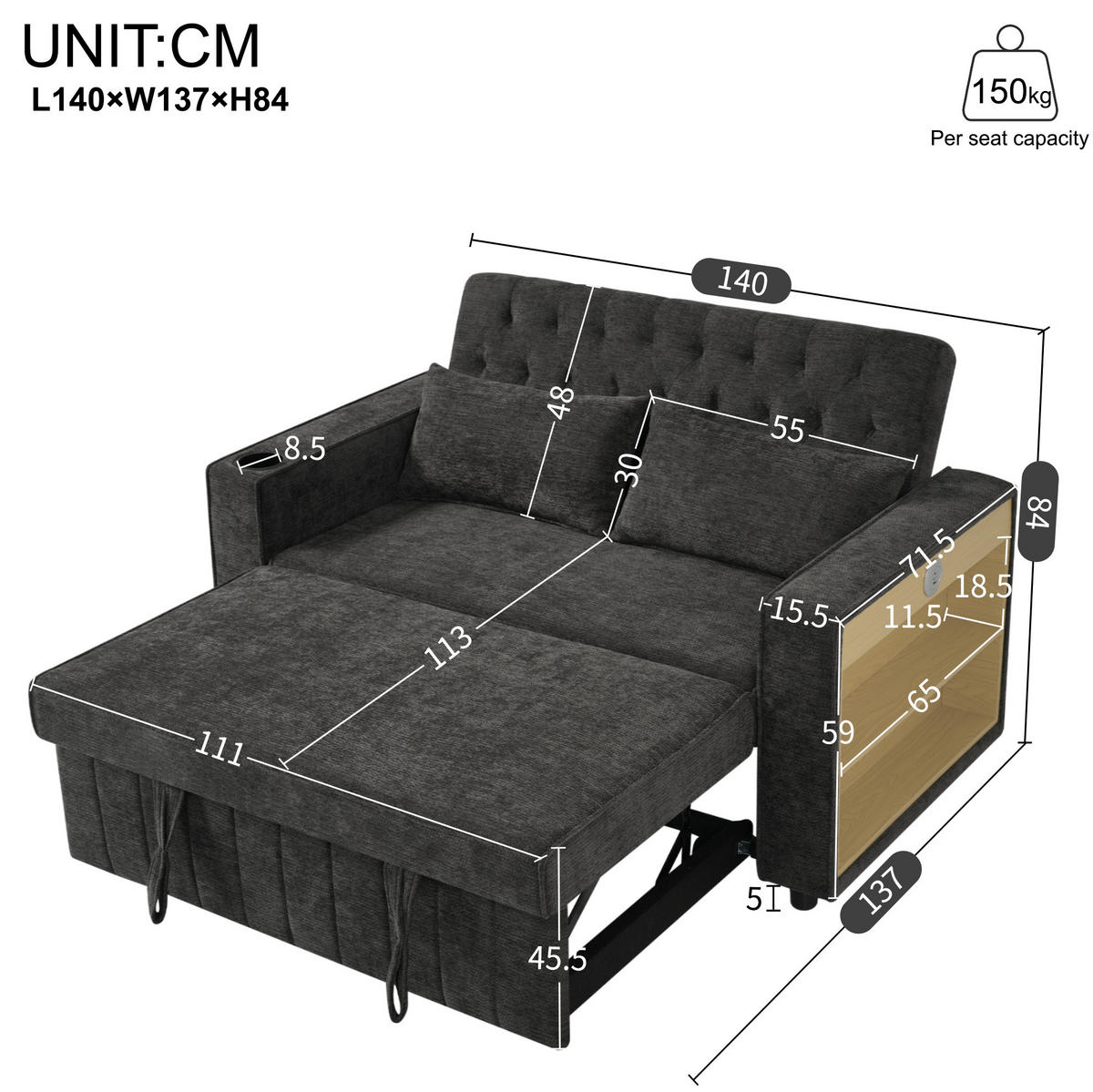SCHLAFSOFA, Chenille mit USB-Anschluss, Stauraum & 3-fach verstellbarer Rückenlehne, 140/137/84 cm, Grau - Grau, Textil (137/84/140cm) - Redom
