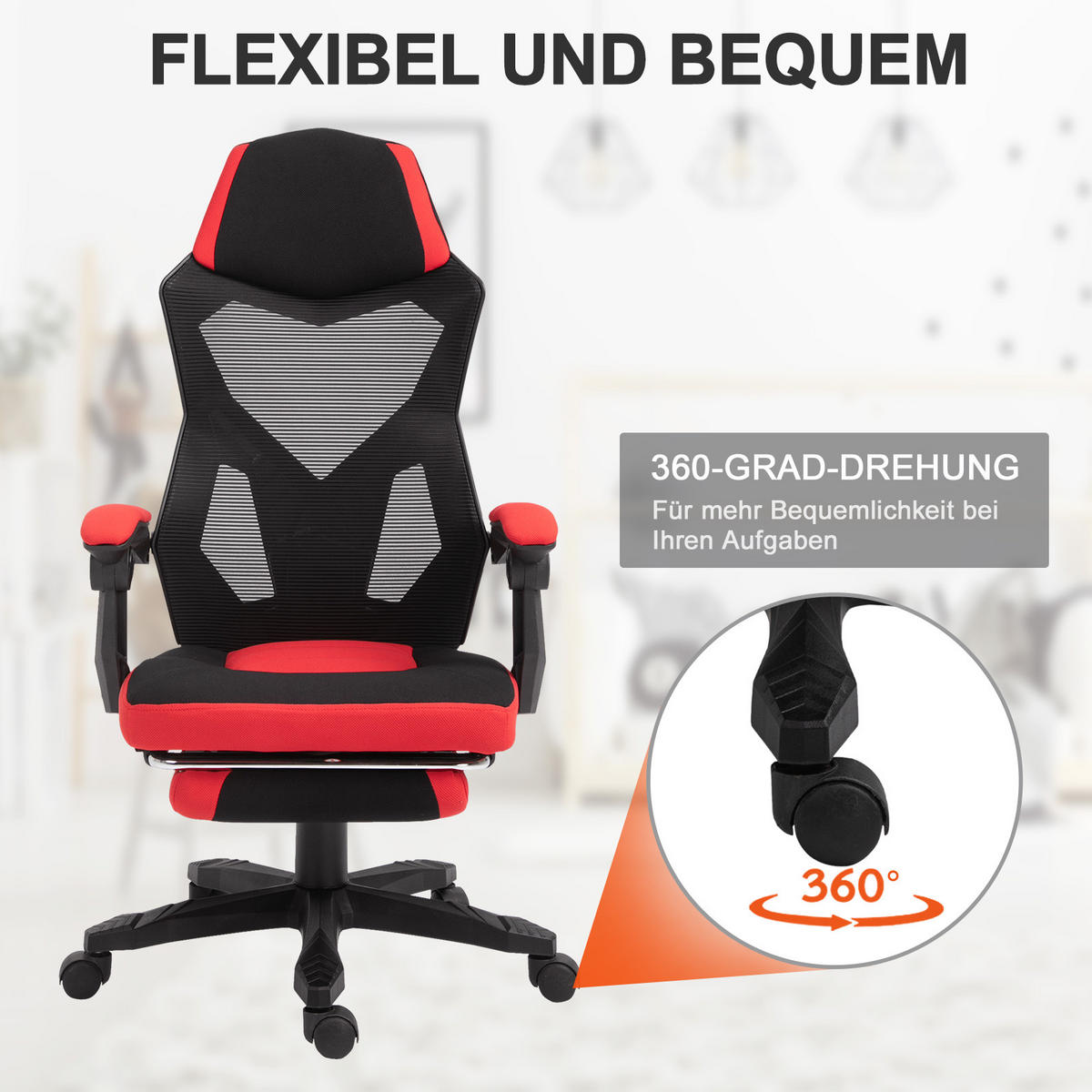 ERGONOMISCHER Bürostuhl, Schwarz+Rot - Multicolor, Kunststoff (63/122/58cm) - Vinsetto