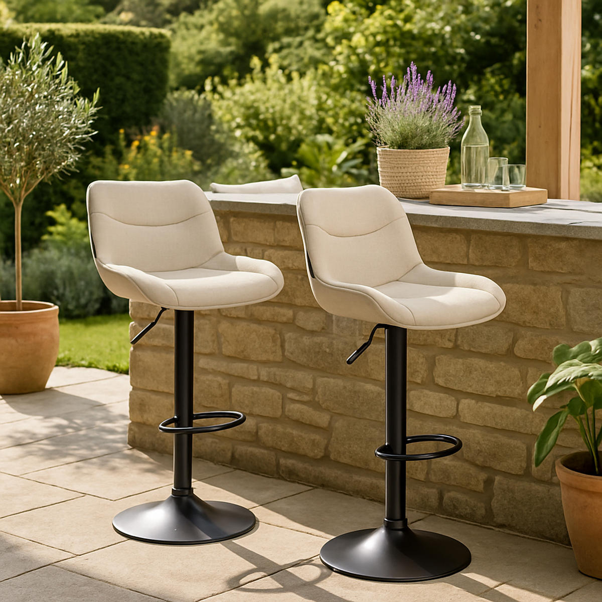 BARHOCKER 2er Set Vulcano Stoff schwarz creme - Schwarz/Naturfarben, Textil/Metall (49/106/51cm) - TPFLiving