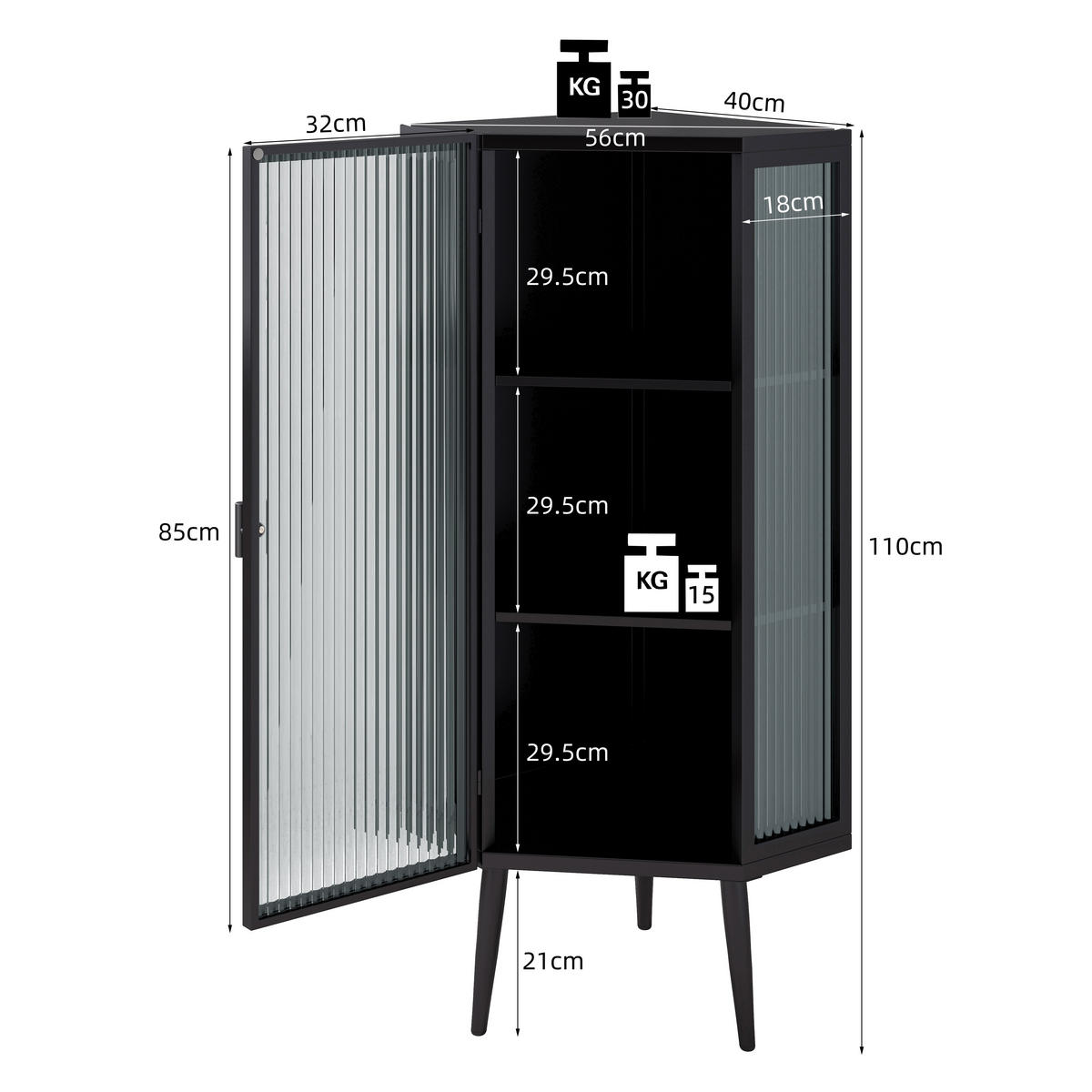 ECKSCHRANK Schwarz Metall & Glas 110cm mit 3 Ebenen & Tür - Schwarz, Metall (56/110/42.5cm) - Urban Meuble