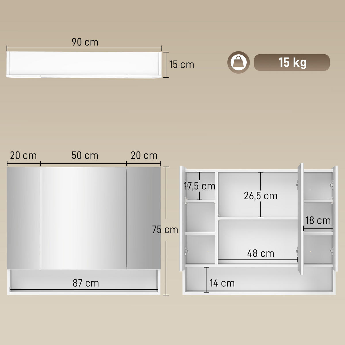 SPIEGELSCHRANK Weiß 90/15/75 cm 3-türig - Weiß, Holzwerkstoff (90/75/15cm) - PANGIVO