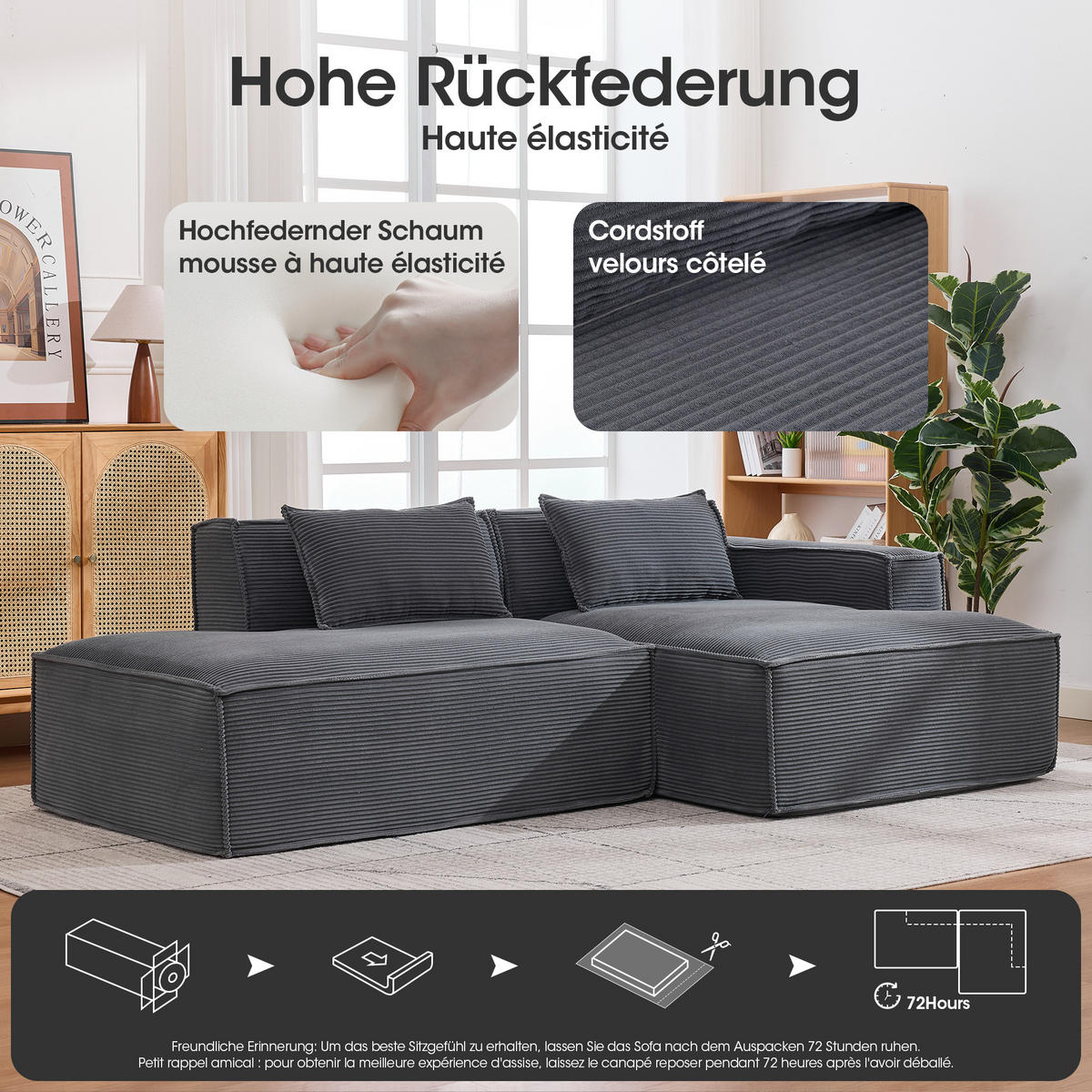 ROHOVÁ POHOVKA čalouněná s taštičkovými pružinami a 2 polštáři - šedá, textil (235/129cm) - Urban Meuble