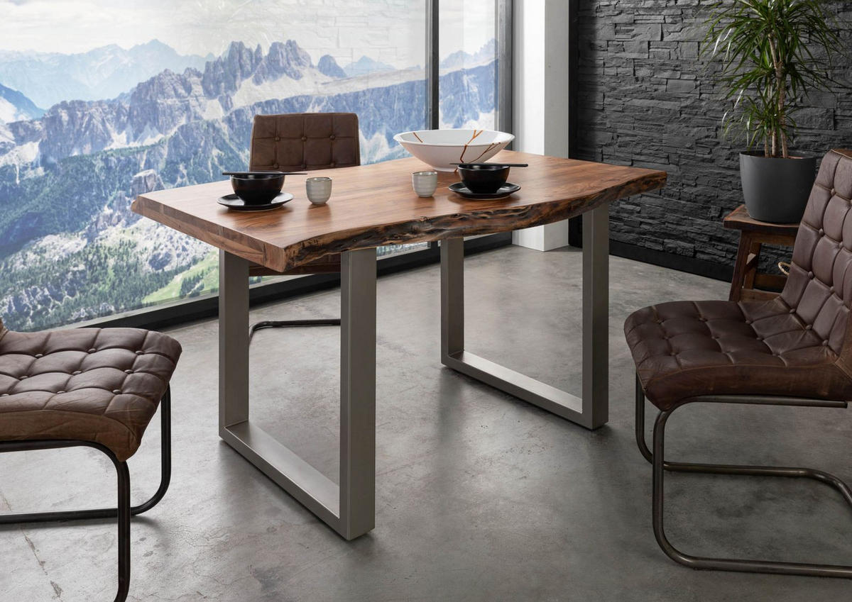 BAUMTISCH Akazie 160x90x77 natur lackiert / U-Beine silber matt FREEFORM 5 - Naturfarben, Holz (160/90/77cm) - Massivmoebel24