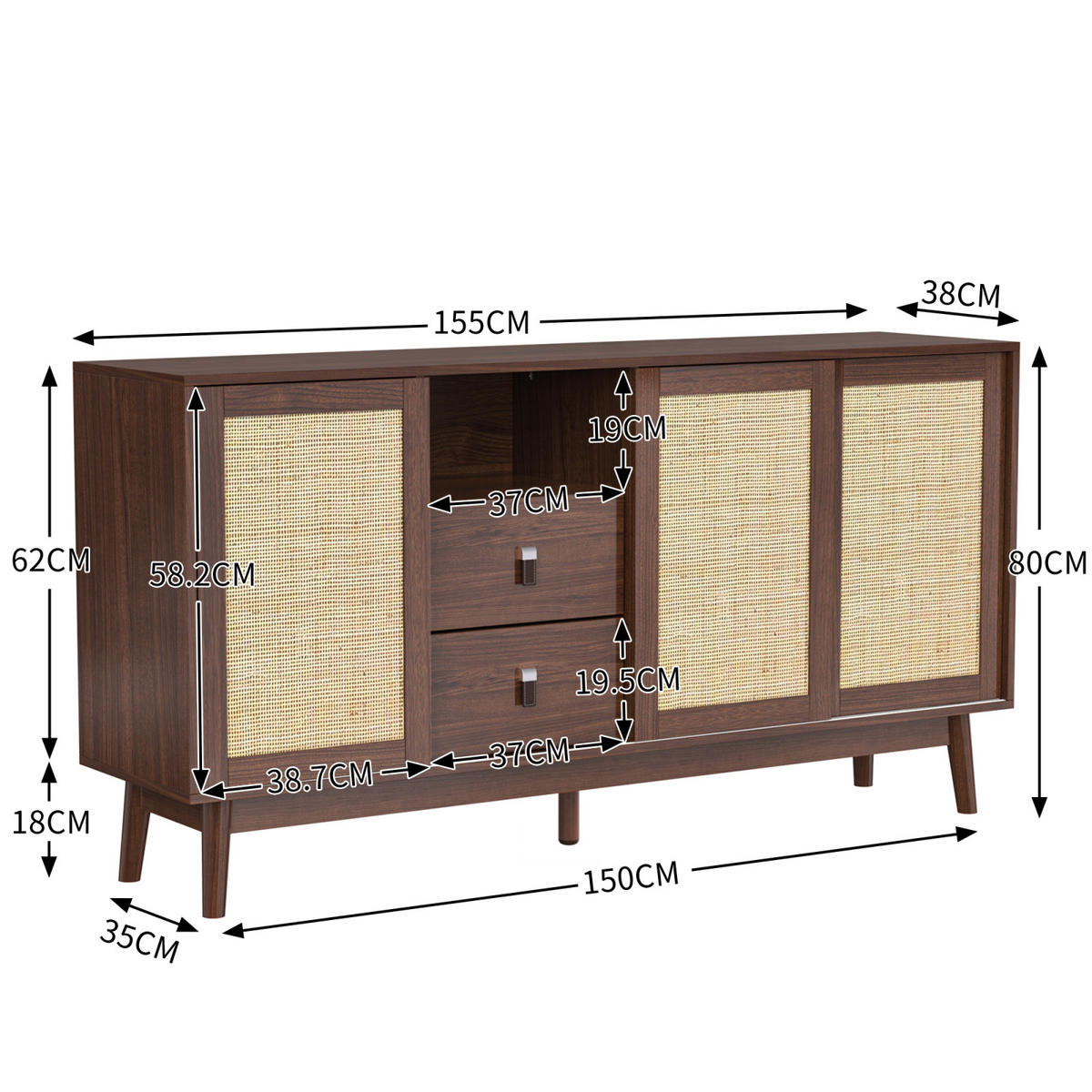SIDEBOARD Nussbaum, 3 Rattan-Schiebetüren, 2 Schubladen - Kastanienfarben, Holz (155/80/38cm)