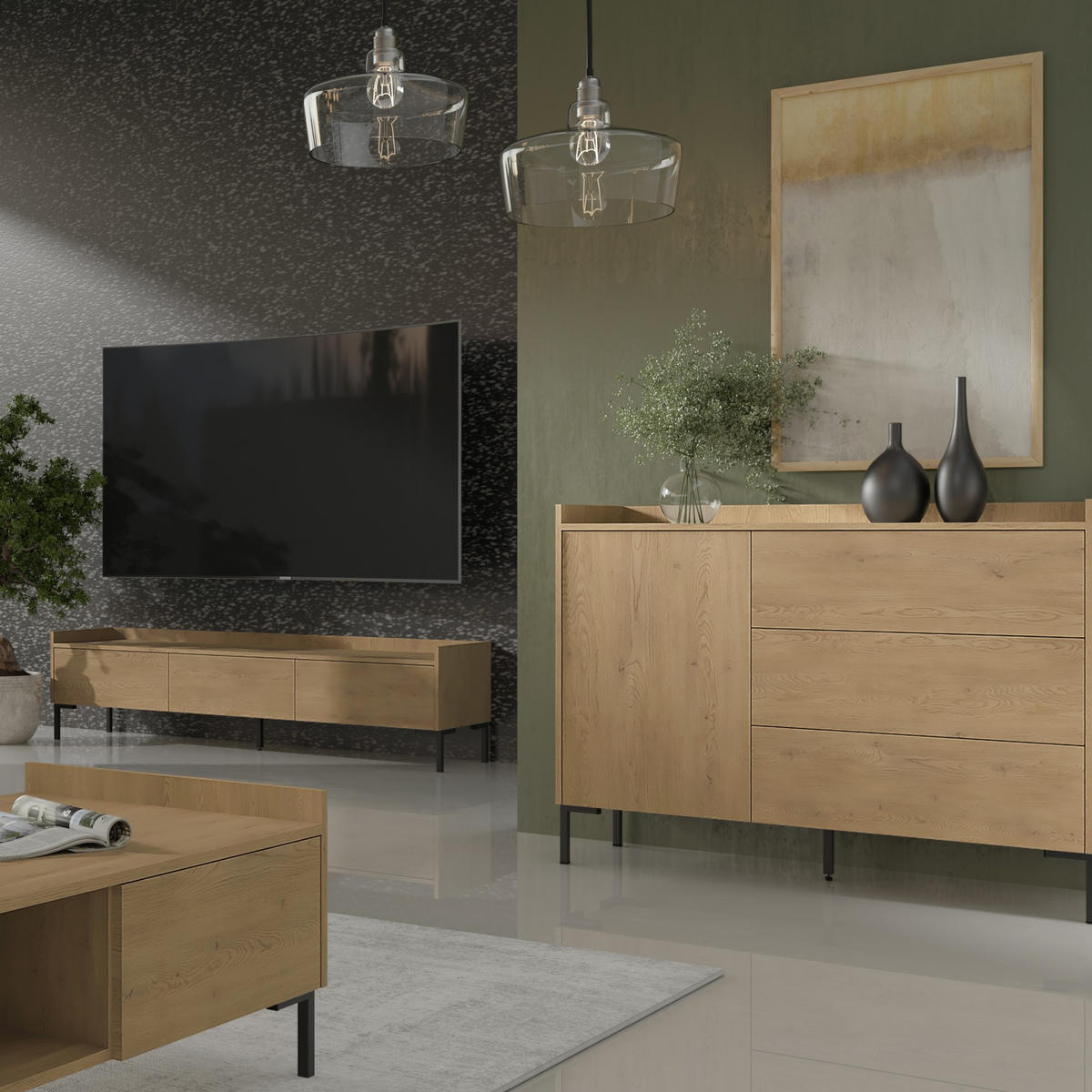 TV-LOWBOARD Liam 180 Cremona-Eiche (stehend) - Eichefarben/Schwarz, Holzwerkstoff/Metall (180/45/41cm) - mzm24