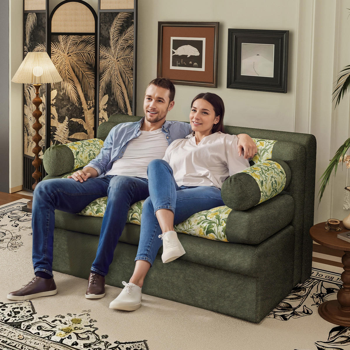 SOFA mit Blumendekor 132x72x48 cm - Grün, Textil (132/72/82cm) - Vercart