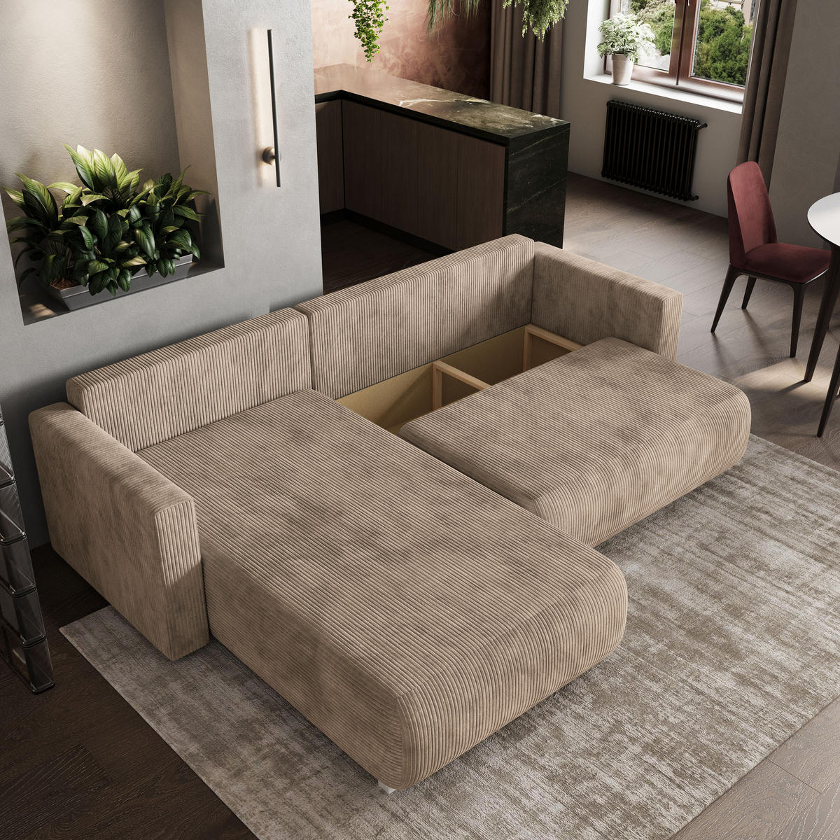 ECKSOFA TURIN P Beige Kordstoff mit Schlaffunktion - Beige/Grau, Holz/Kunststoff (265/183cm) - MASSENO