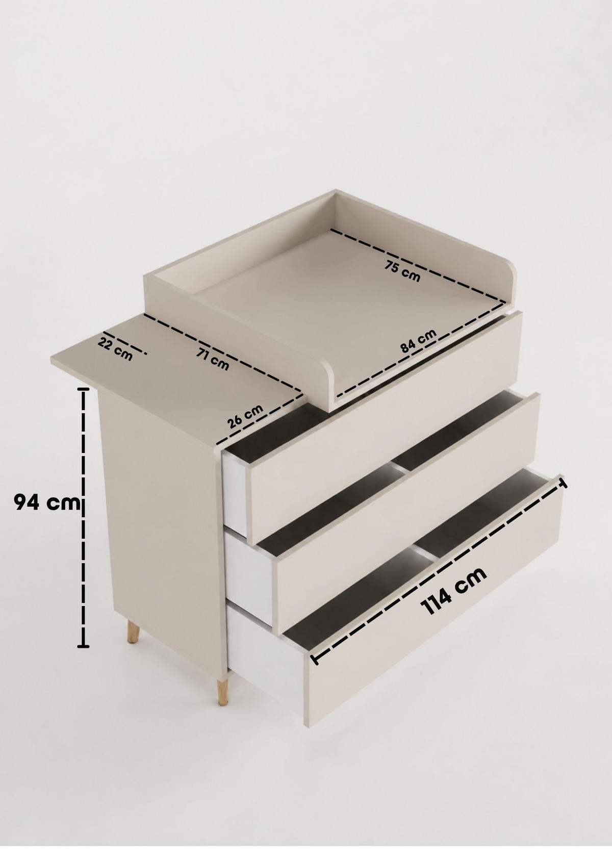 WICKELKOMMODE EDEN – Push-to-Open, Touch-Close, abnehmbarer Wickelaufsatz & Schubladen mit Fächern - sahara dust - Buchefarben/Sahara, Holzwerkstoff/Buchenholz (71/94/114cm) - Sämann – make a difference.