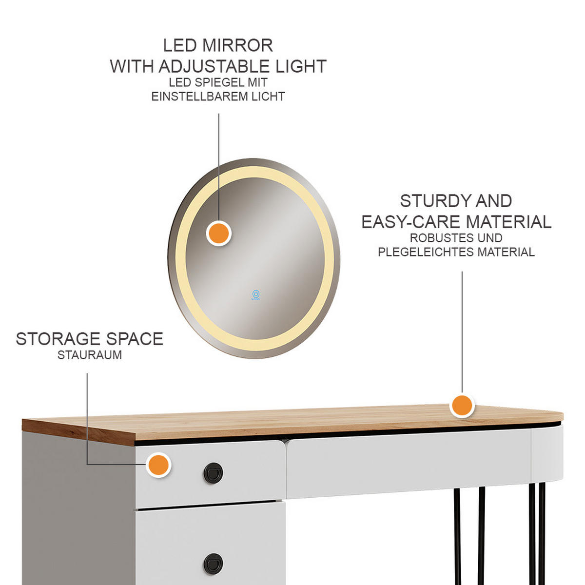 SCHMINKTISCH Mia Weiß/Naturholz 120 cm mit LED-Spiegel - Weiß/Naturfarben, Holzwerkstoff (120/77/55cm) - Vicco