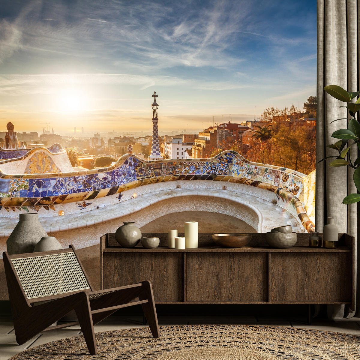 FOTOTAPETE für Wohnzimmer Sonnenaufgang Barcelona Denkmäler 400x280 - Gelb/Beige, Papier (400/280cm) - Muralo