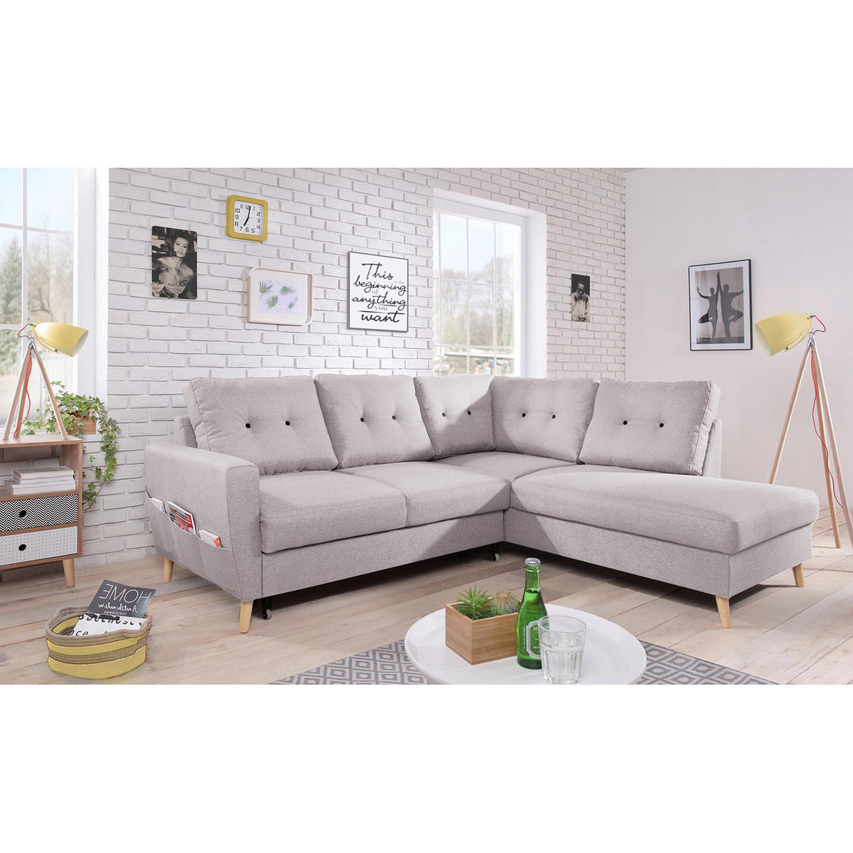 ECKSOFA mit Ottomane - Webstoff - Hellbraun/Hellrosa, Textil (230/200cm) - home24