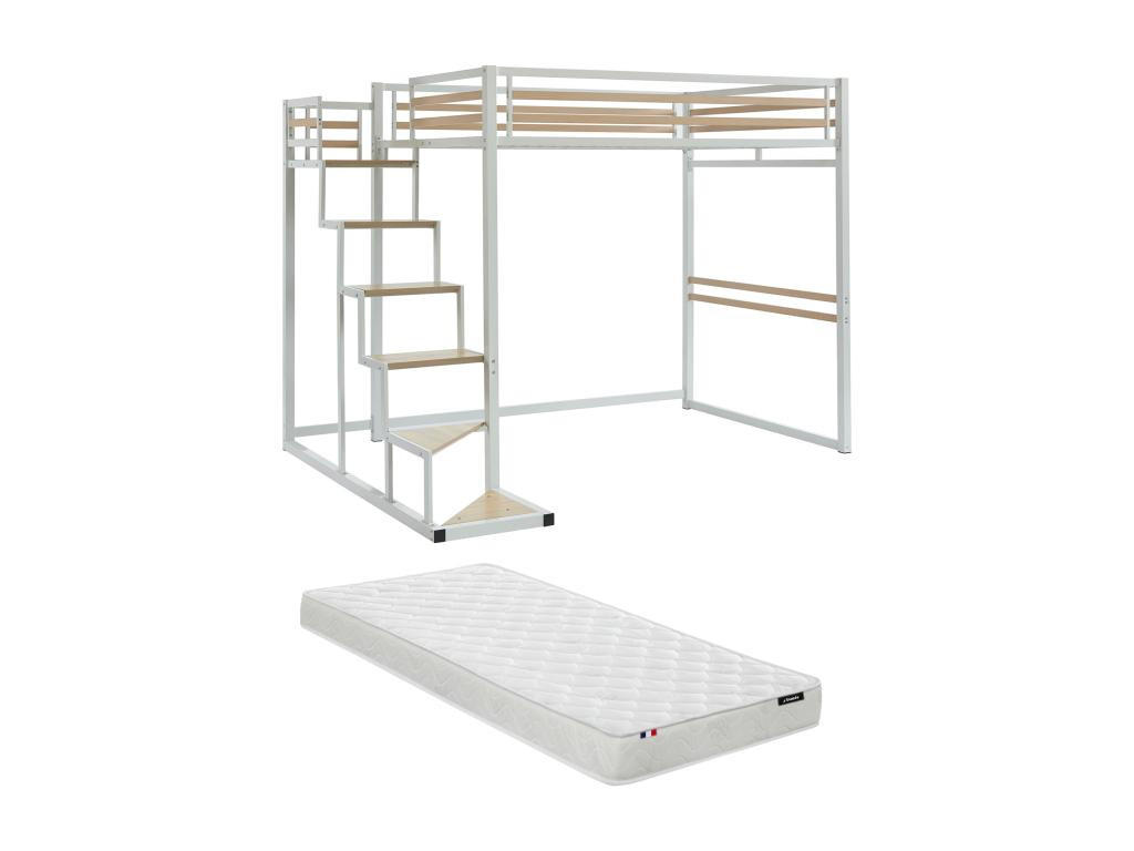HOCHBETT mit Matratze - 140 x 200 cm - Metall & MDF - Weiß - JOGUI - Weiß/Naturfarben, Metall - Vente-Unique
