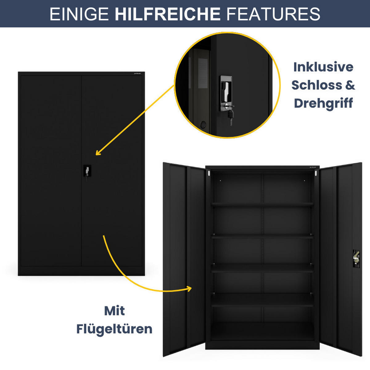 AKTENSCHRANK abschließbar KADO Flügeltüren 185x115x60cm Schwarz - Schwarz, Metall (115/185/60cm) - DELUKE