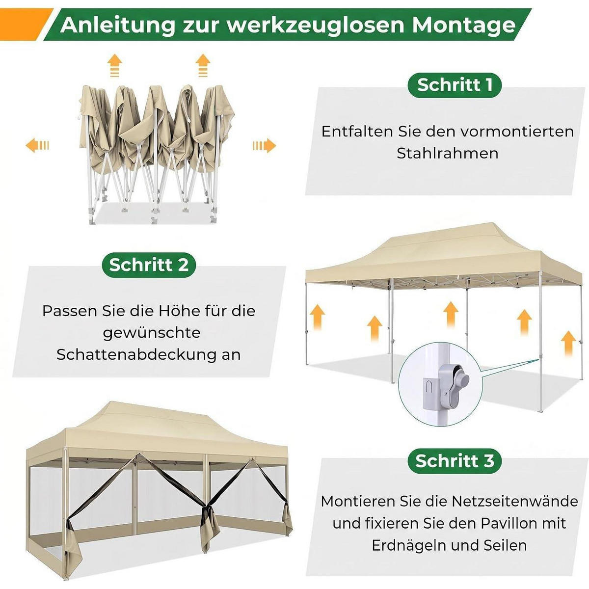 FALTPAVILLON 3x6m Wasserdicht Stabil mit 6 Seitenwänden Khaki - Olivgrün, Textil (300/335/600cm)
