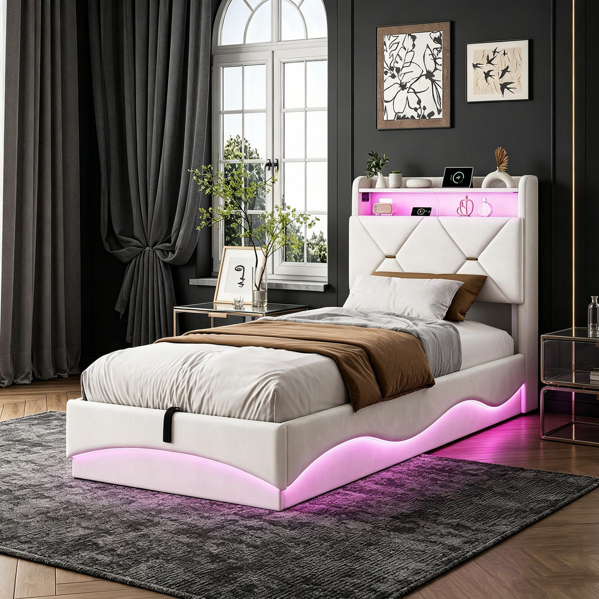 POLSTERBETT 90 x 200, Einzelbett mit Bettkasten und Lattenrost, LED, USB, Samt, beige - Beige, Holzwerkstoff/Textil (90/200cm) - GENKI LIVING
