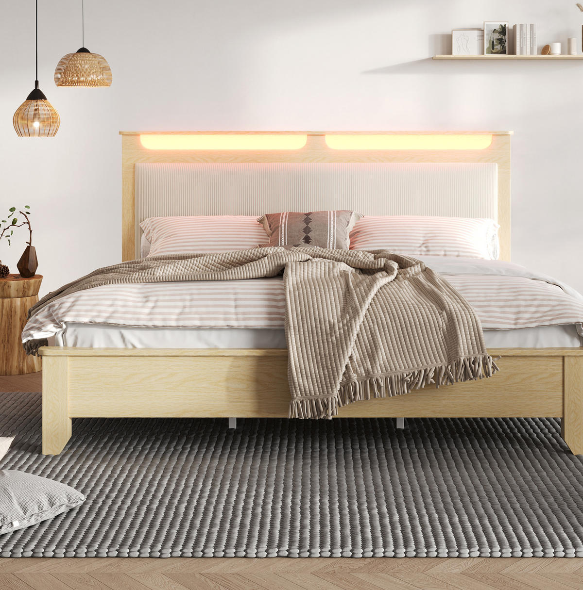 ČALÚNENÁ posteľ 140/200 cm s LED osvetlením a úložným čelom, menčestrové čelo a drevený rošt, Béžová - béžová, textil (140/200cm) - Redom