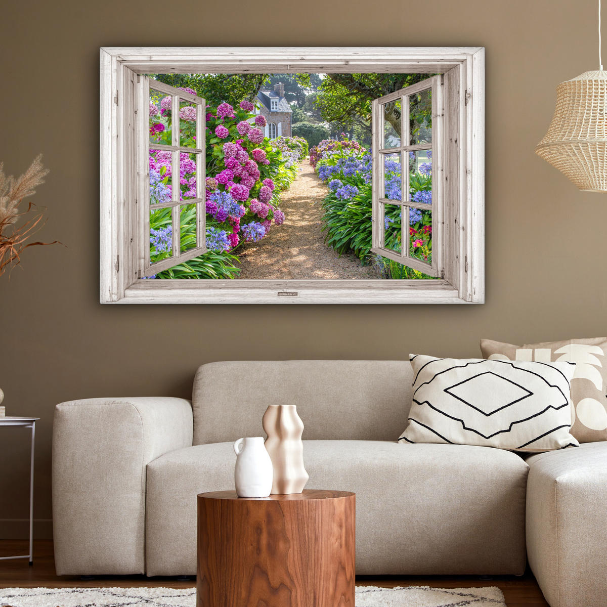 LEINWANDBILD Hortensie - Durchsichtig - Blumen - Sommer - Lila - Weg Wohnzimmer 120x80 cm - Lila, Textil (120/80cm) - MuchoWow