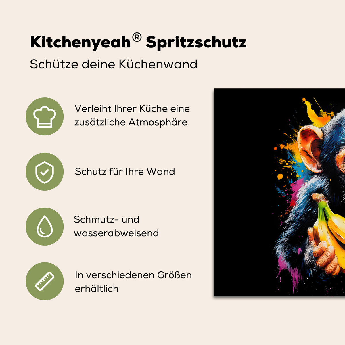 SPRITZSCHUTZ KÜCHE Affe - Graffiti - Farbenfroh - Bananen - Modern 80x55 cm - Gelb, Metall (80/0.3/55cm) - MuchoWow