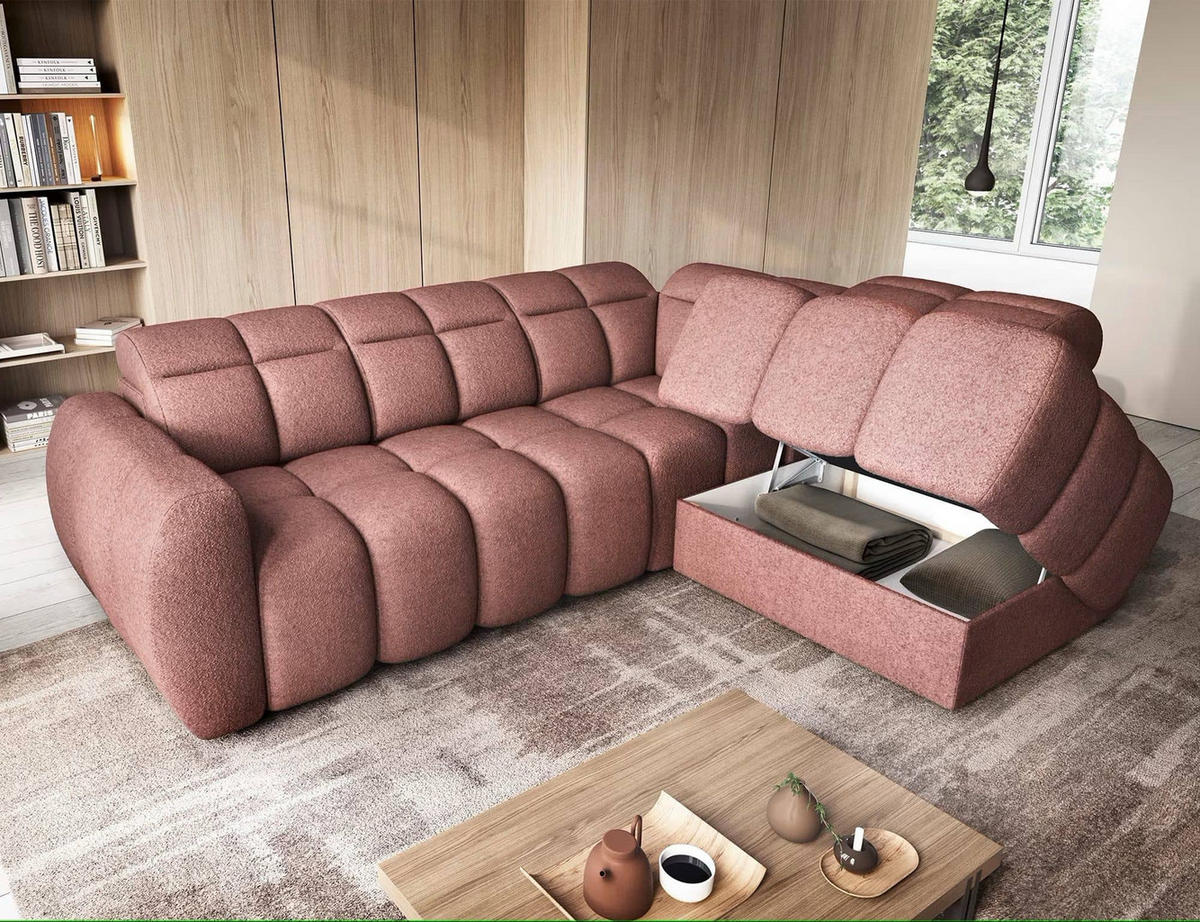 ECKSOFA mit elektrischem Sitzvorschub, Bettkasten und verstellbare Kopflehnen - Rosa, Naturmaterialien/Textil (208/258cm) - Eltap