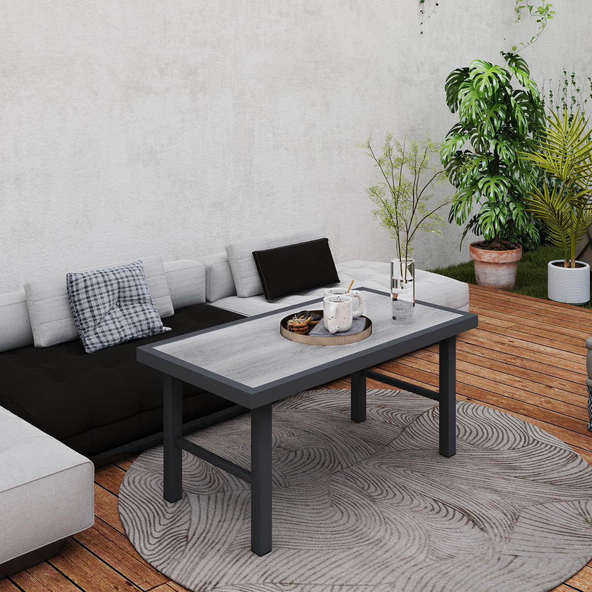 GARTENBEISTELLTISCH DE-14181 rechteckig 100x52 cm, Holzoptik Schwarz - Grau, Metall (100/52/46cm) - ComfortXL