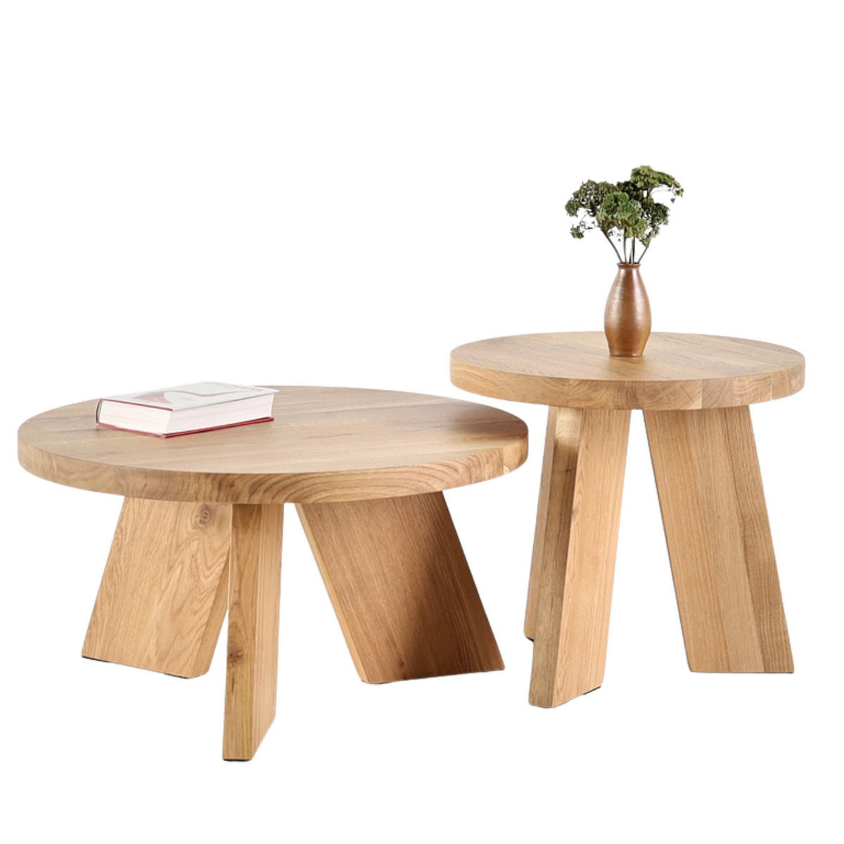 COUCHTISCH SET Eichenholz vollmassiv rund Naturbelassenen 70/70/37 - Naturfarben, Holz (70/70/37cm)