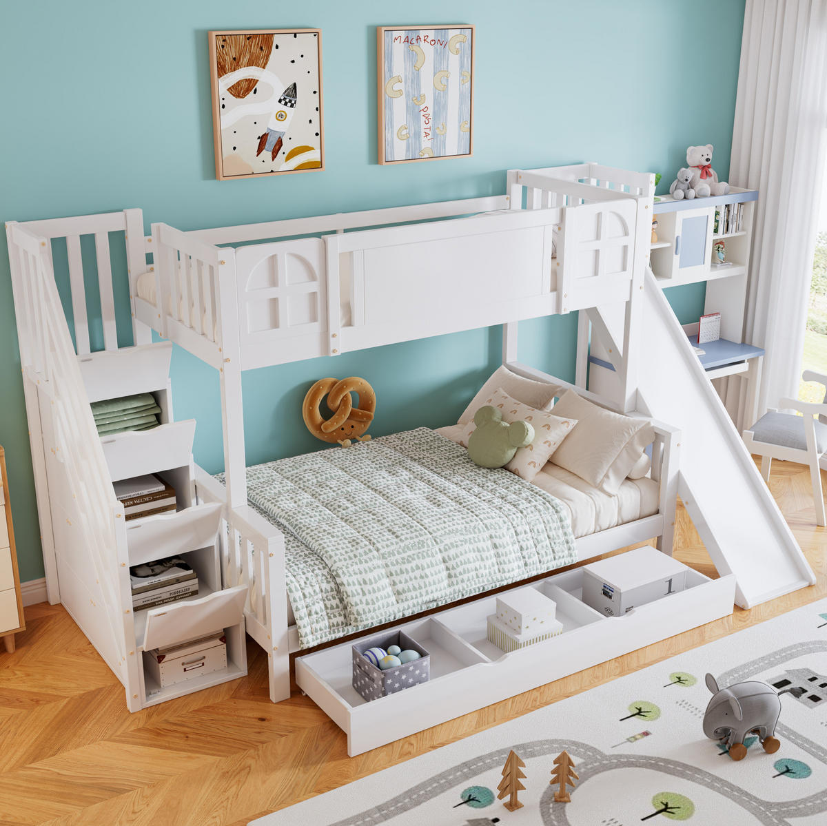 ETAGENBETT aus Kiefernholz und MDF 90x200/120x200 cm Weiß mit Stauraumtreppe und Rutsche - Weiß, Holzwerkstoff (90/200cm) - IVMEU