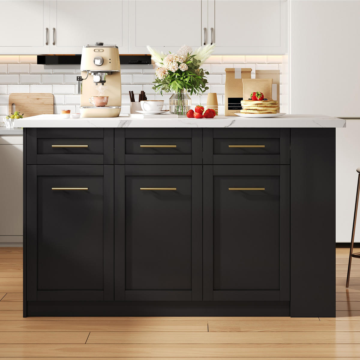 KÜCHENINSEL 150x90x90cm Schwarz mit ausziehbarem Esstisch & Schränken - Schwarz, Holzwerkstoff (150/90/90cm) - Modfu