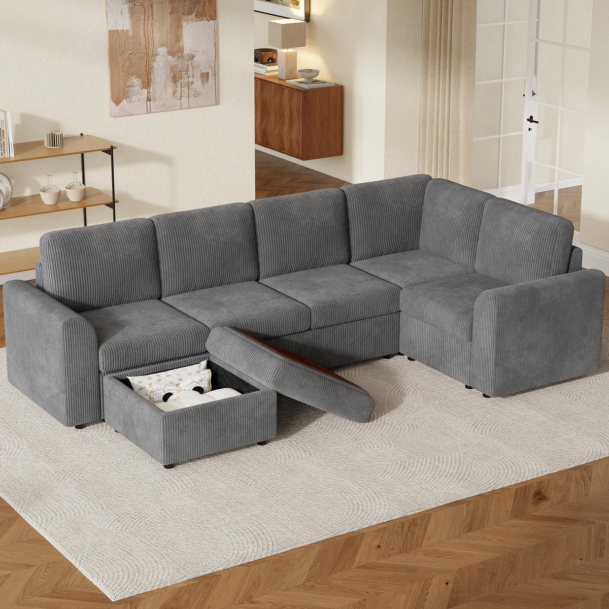 SOFA Grau L-Form Cord Ecksofa Hocker Schaumstoff 282cm - Grau, Textil (153/85/282cm) - FLIEKS