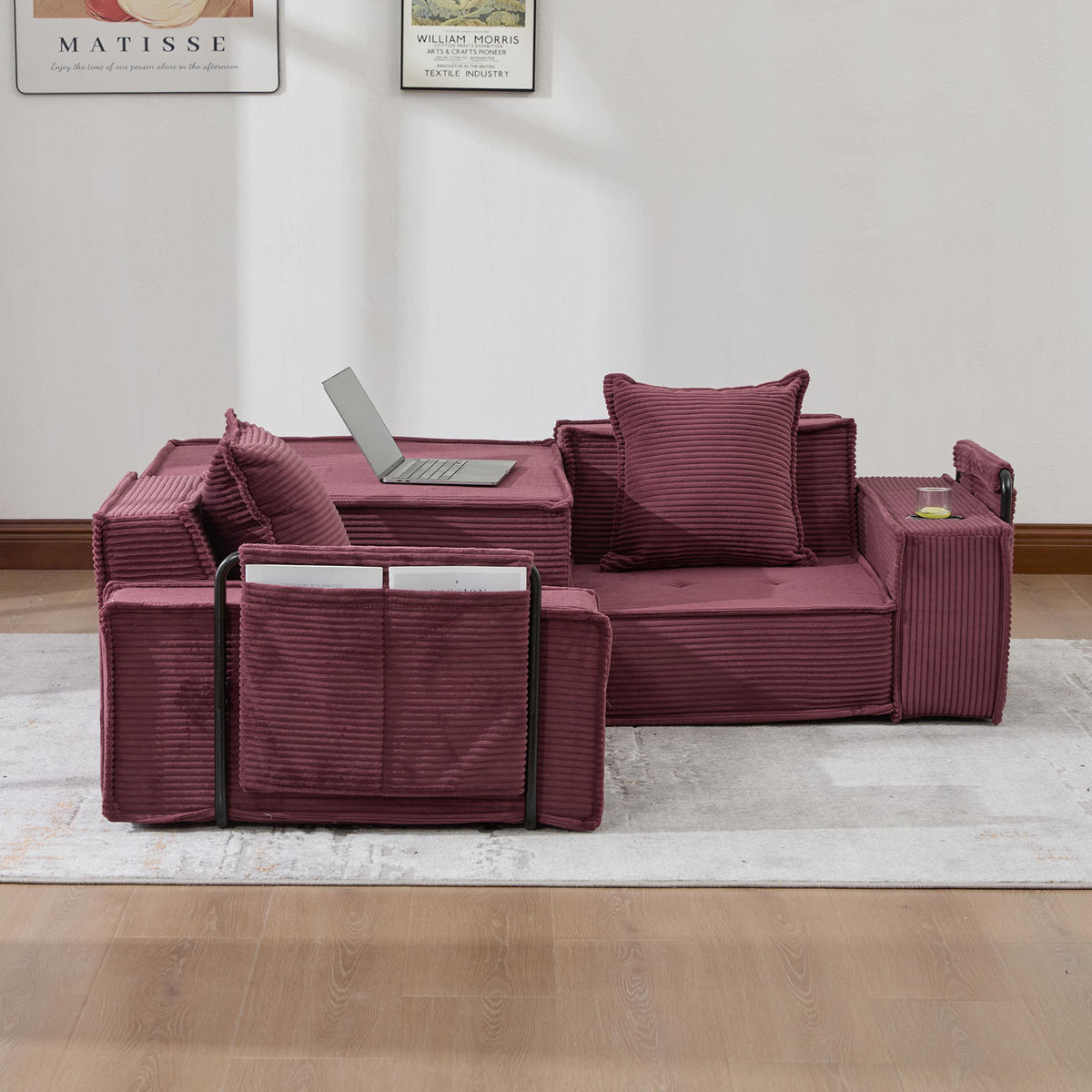 SCHLAFSOFA 162/78/66 cm Weinrot Cord mit seitlichem Stauraum und Getränkehaltern - Weinrot, Textil (162/66/78cm) - Oxeza